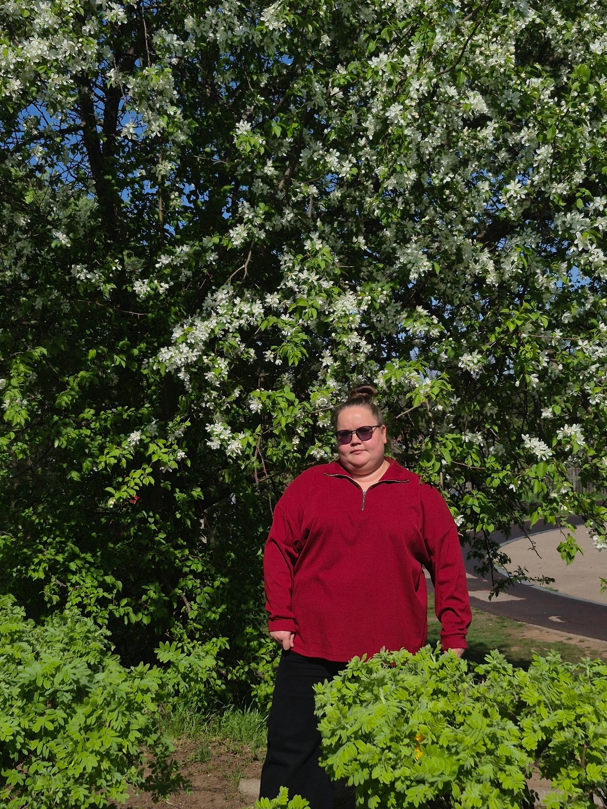 Early morning outdoor activities captured near flowering trees