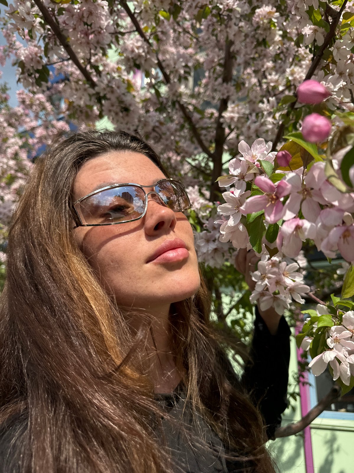 Two people enjoy spring morning near flowering tree in Krasnoyarsk