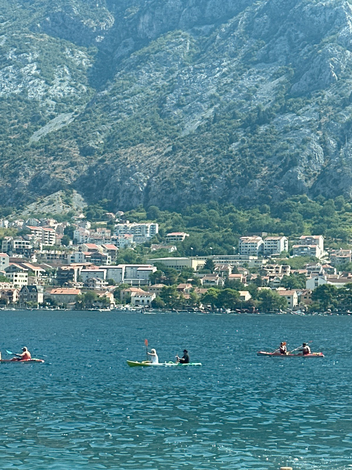 Cruise ship moves through Bay of Kotor past Prčanj