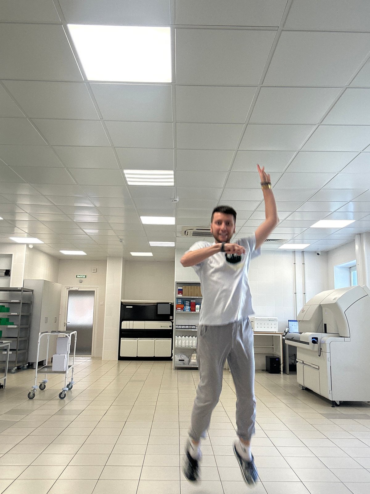 Man documents routine laboratory work in Moscow medical facility