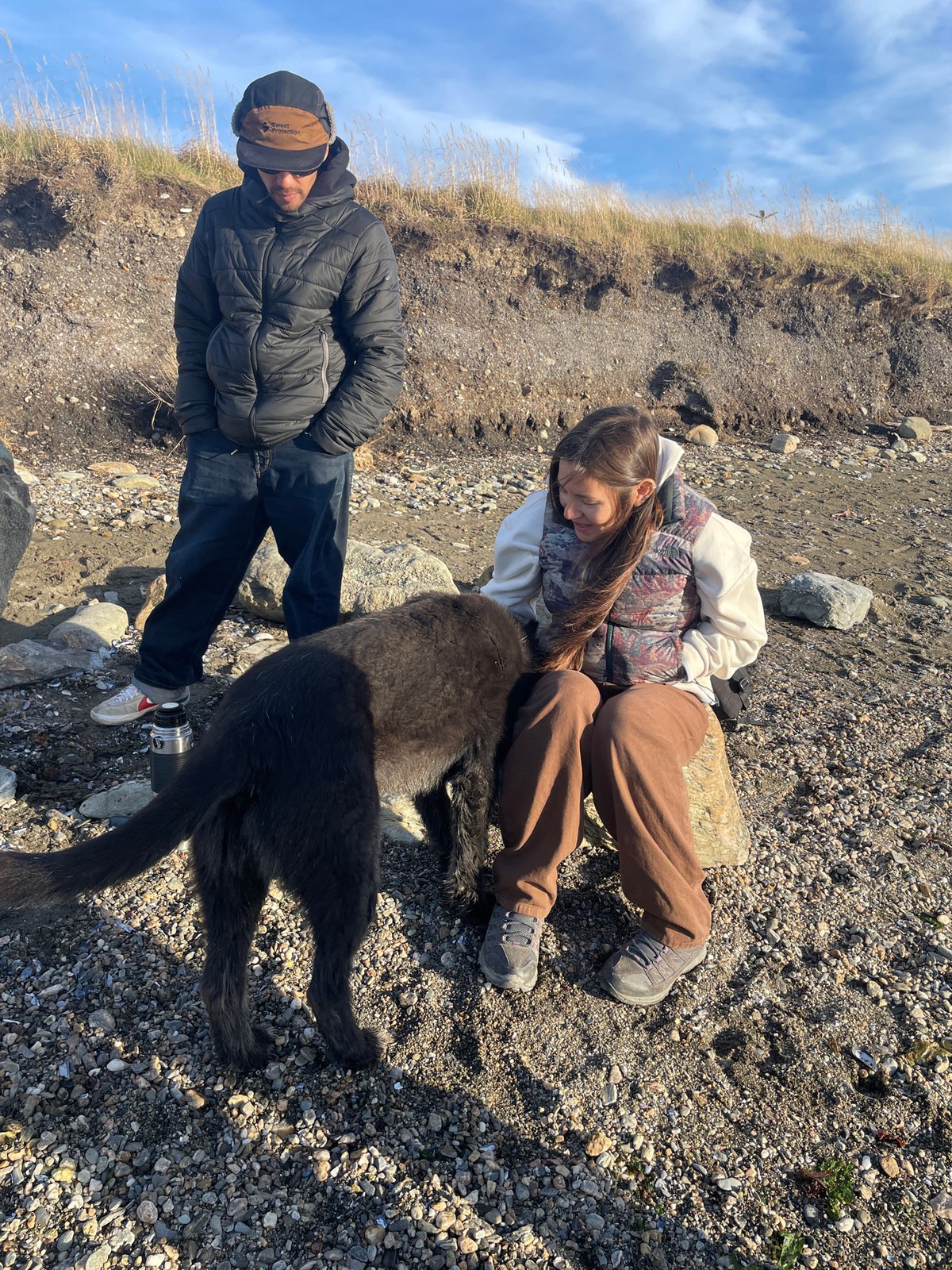 Person and dog enjoy afternoon on Ushuaia rocky beach