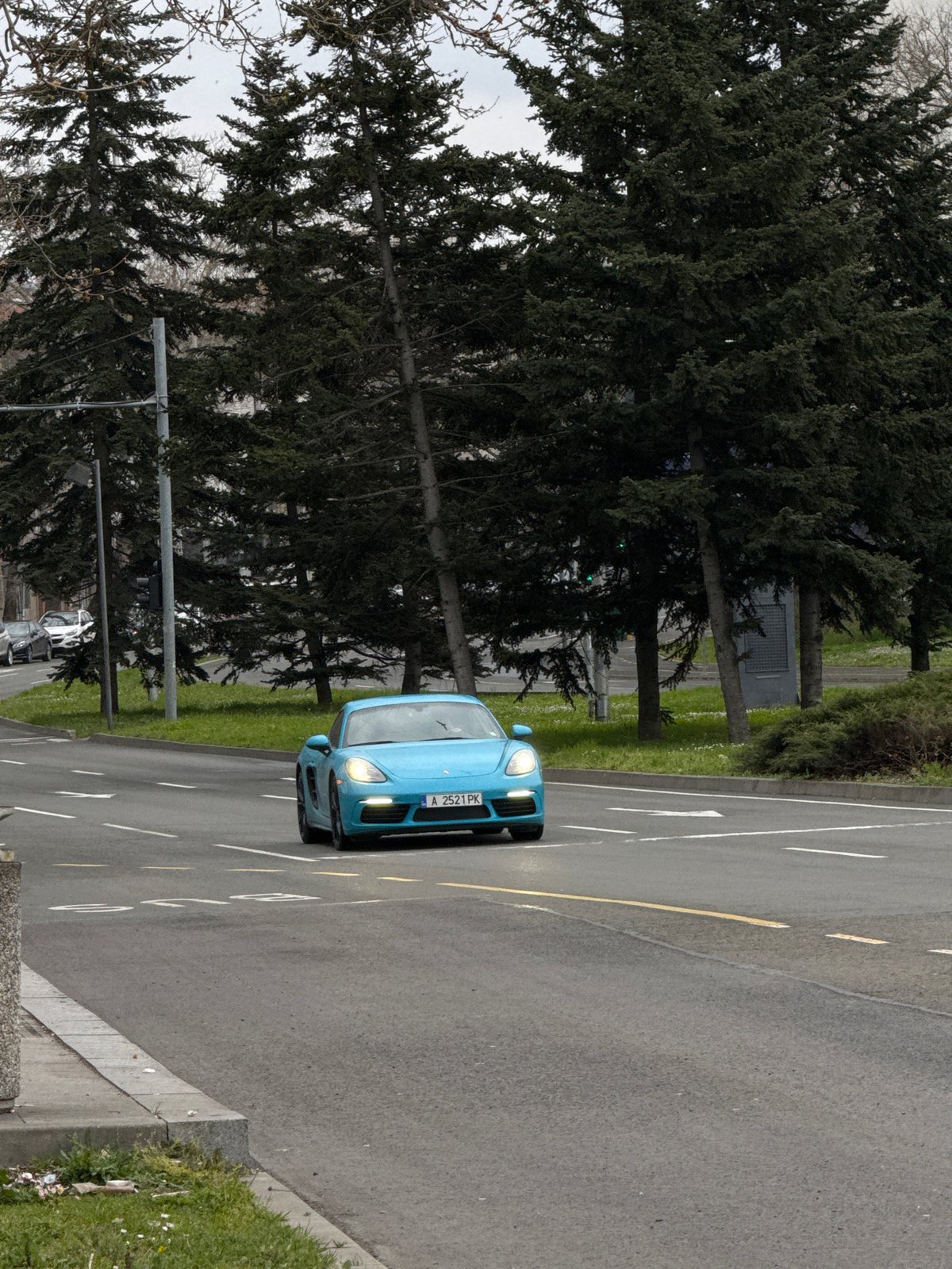 Blue Porsche spotted driving through Burgas, Bulgaria