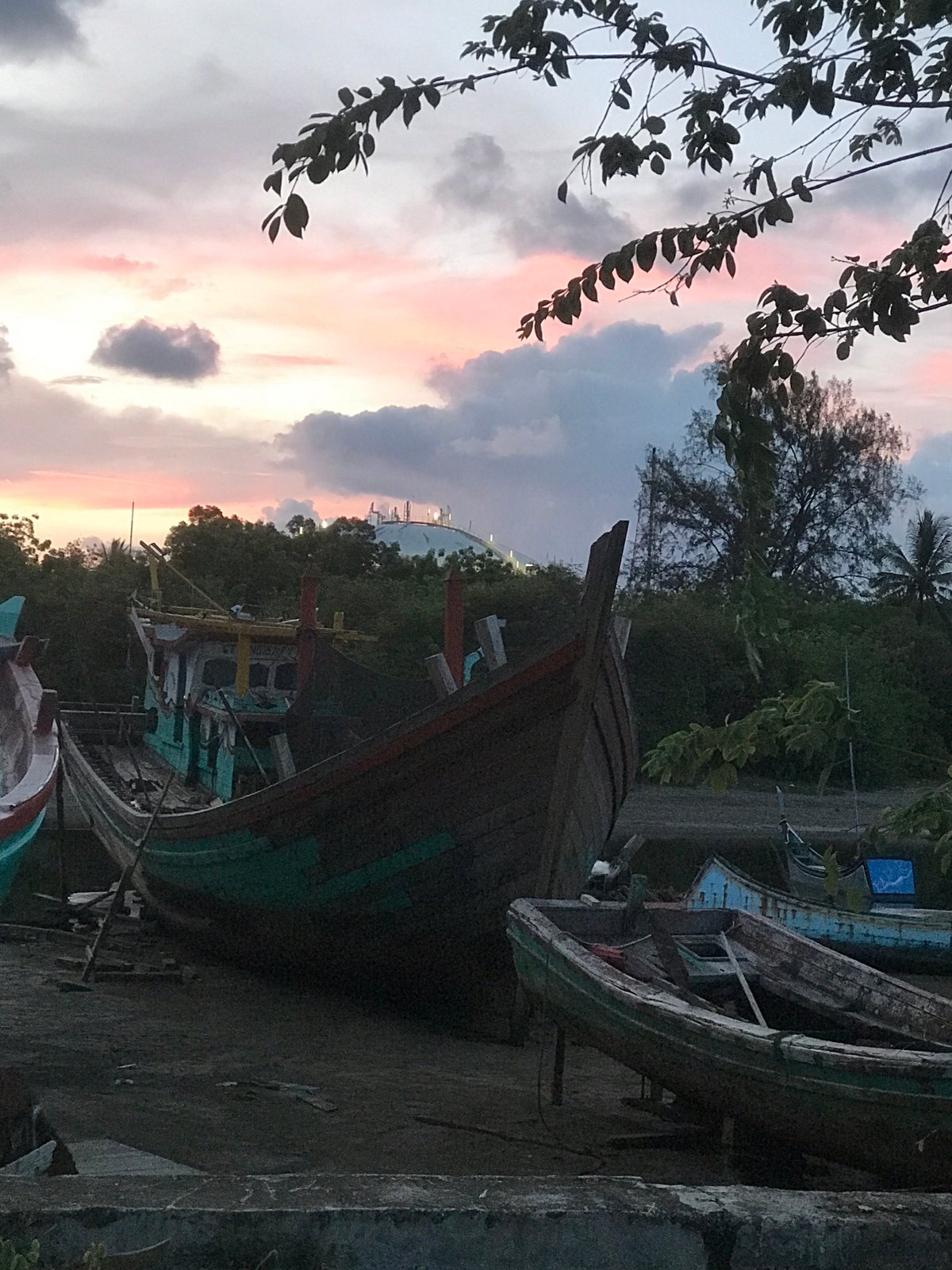 Fishing boats grounded for maintenance in Lhokseumawe, Indonesia