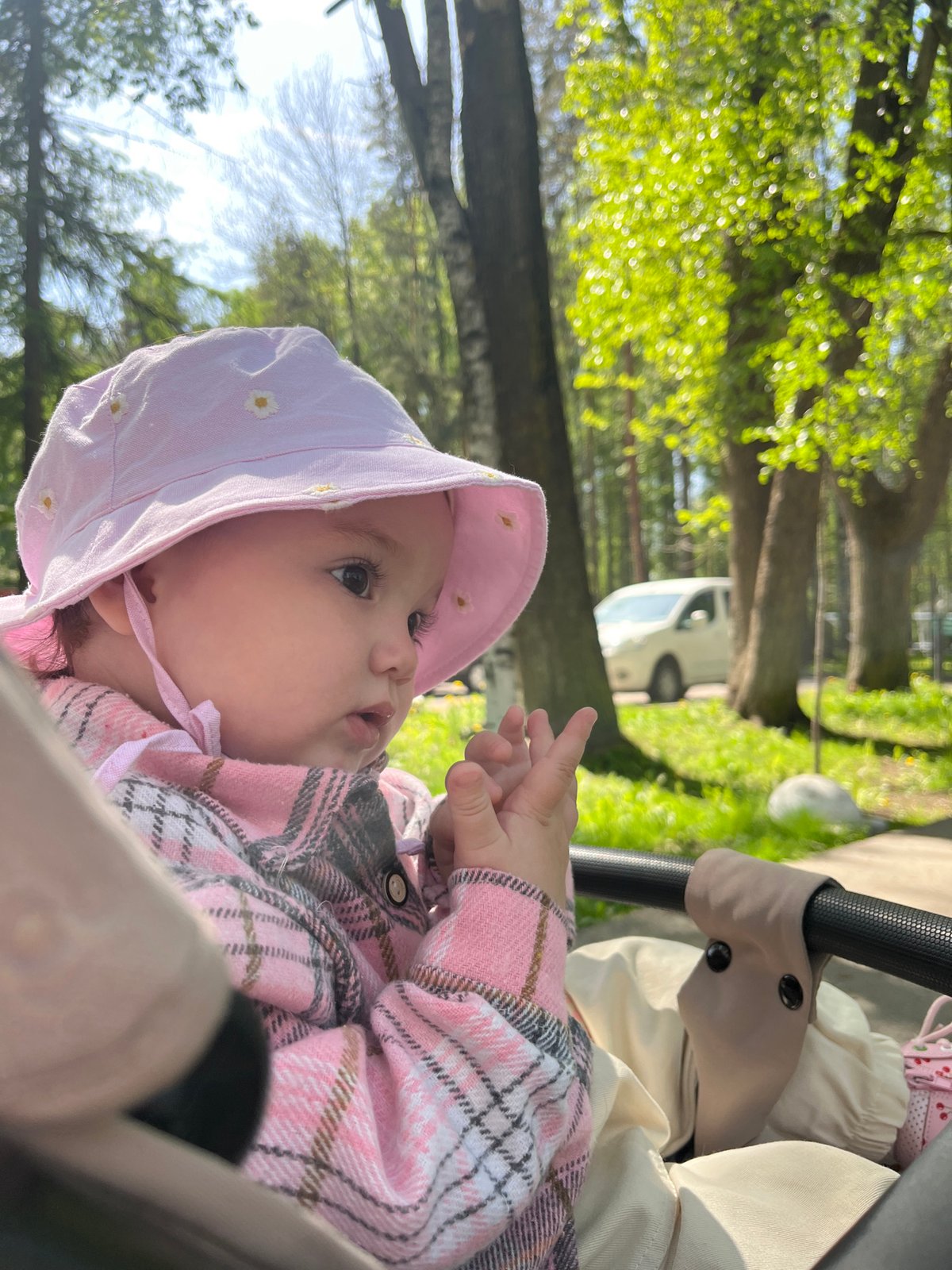 Baby stroller walk captured in Shushary park setting