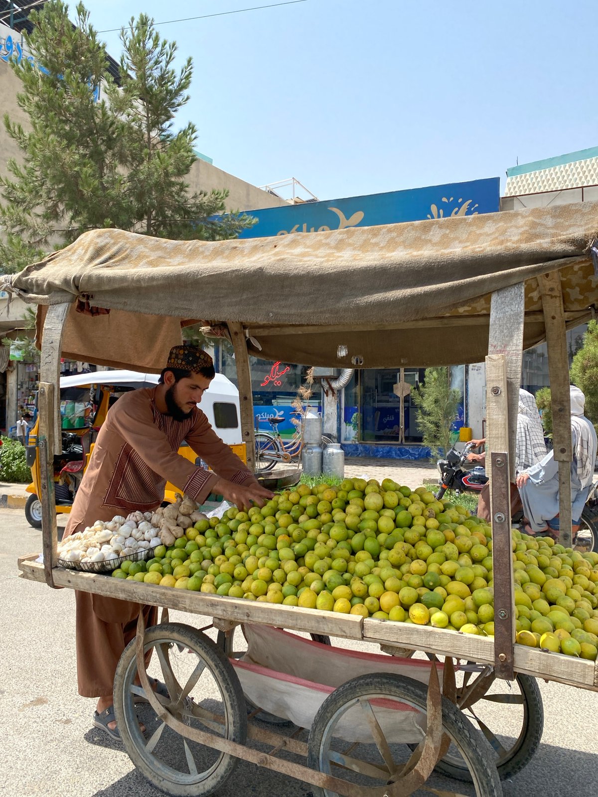 Produce vendors and street life at a Kandahar market