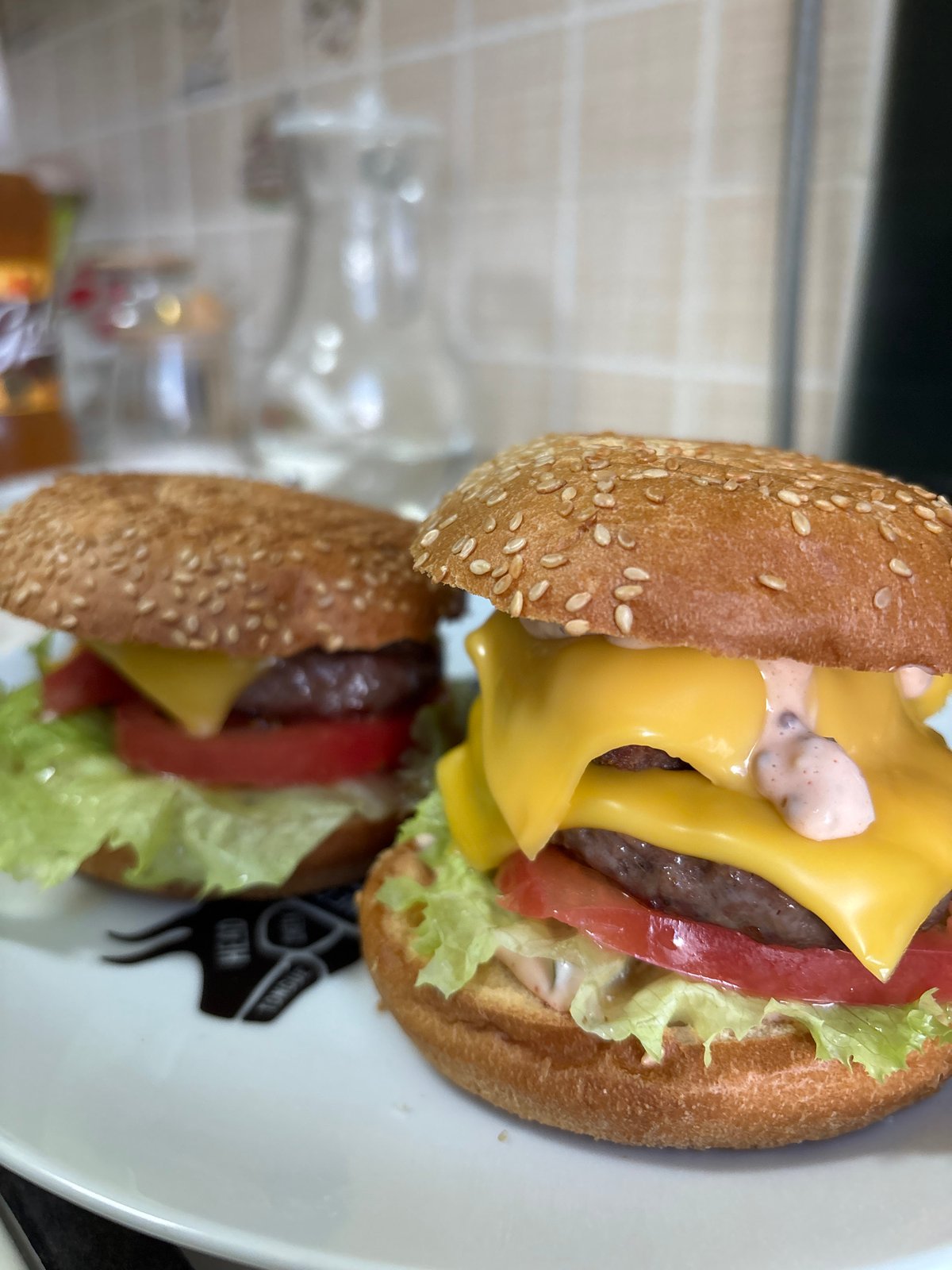 Cheeseburgers up close in a Russian summer afternoon setting
