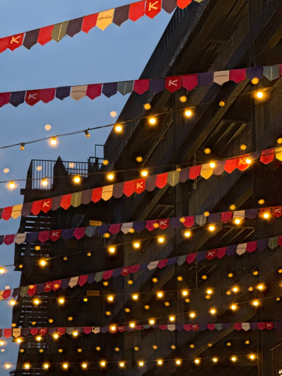 Building facade strung with festive lights at dusk