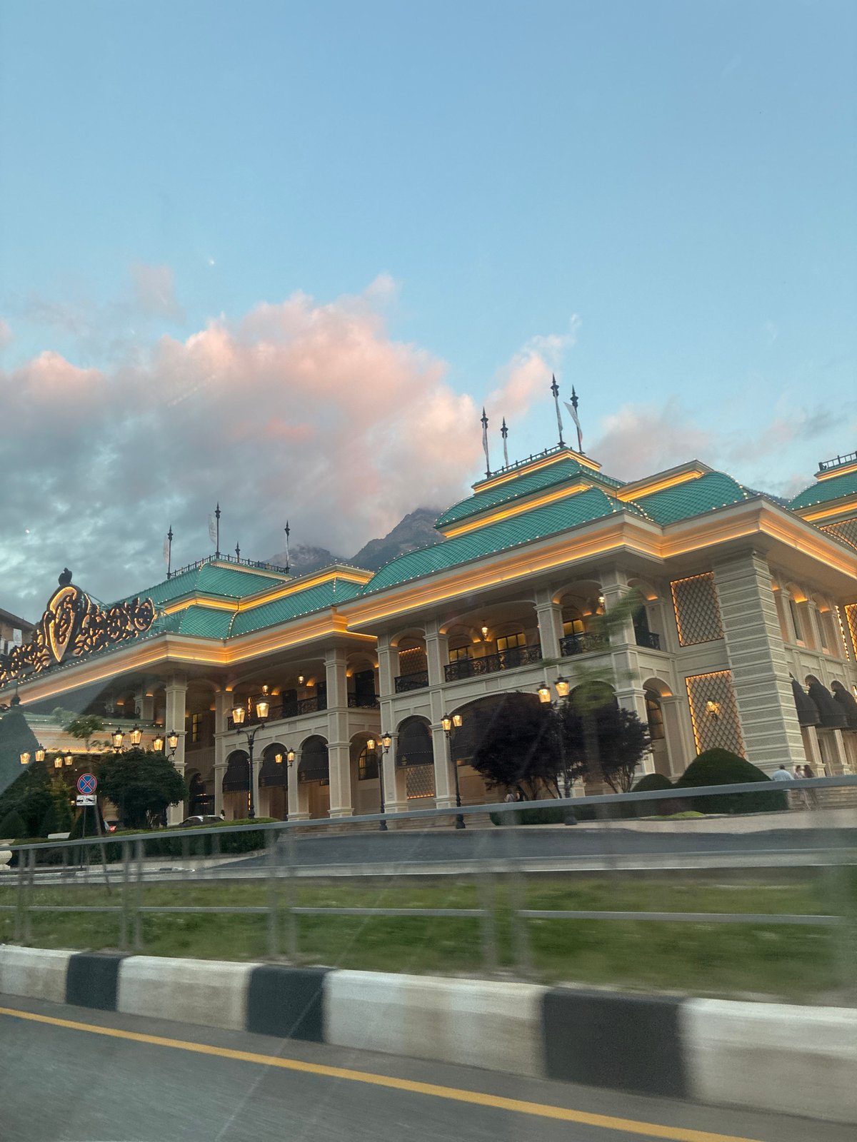 Casino Sochi and surrounding architecture lit up at night