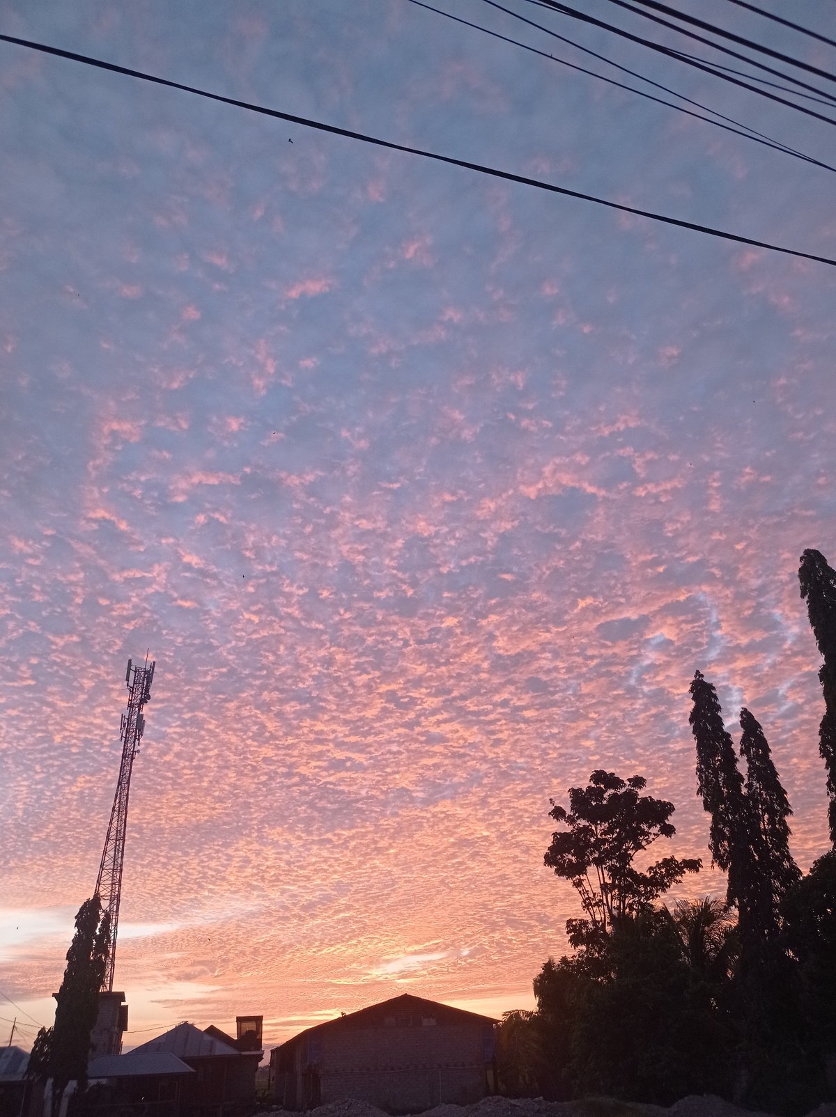 Pink sunset clouds over fields and rooftops in Gorontalo, Indonesia