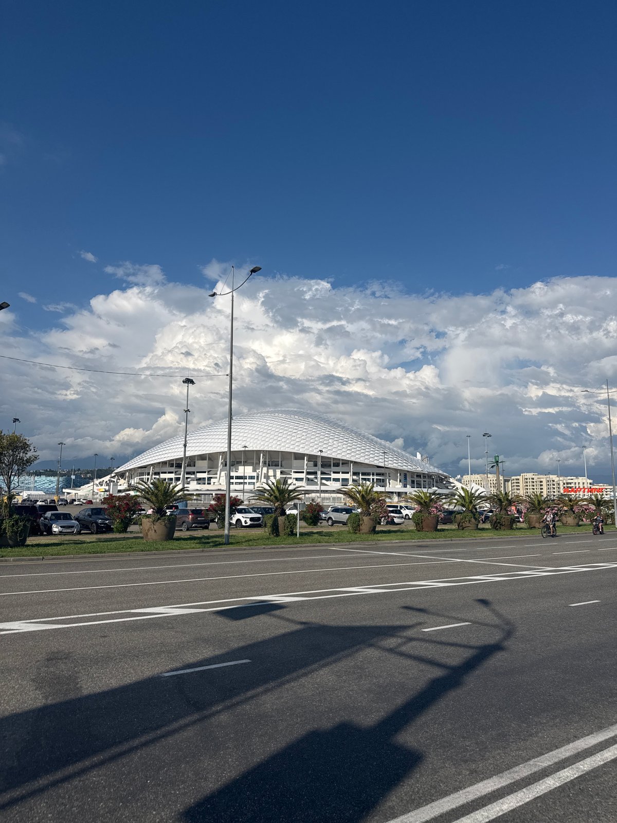 Modern domed stadium in Sirius, Russia, on a busy day