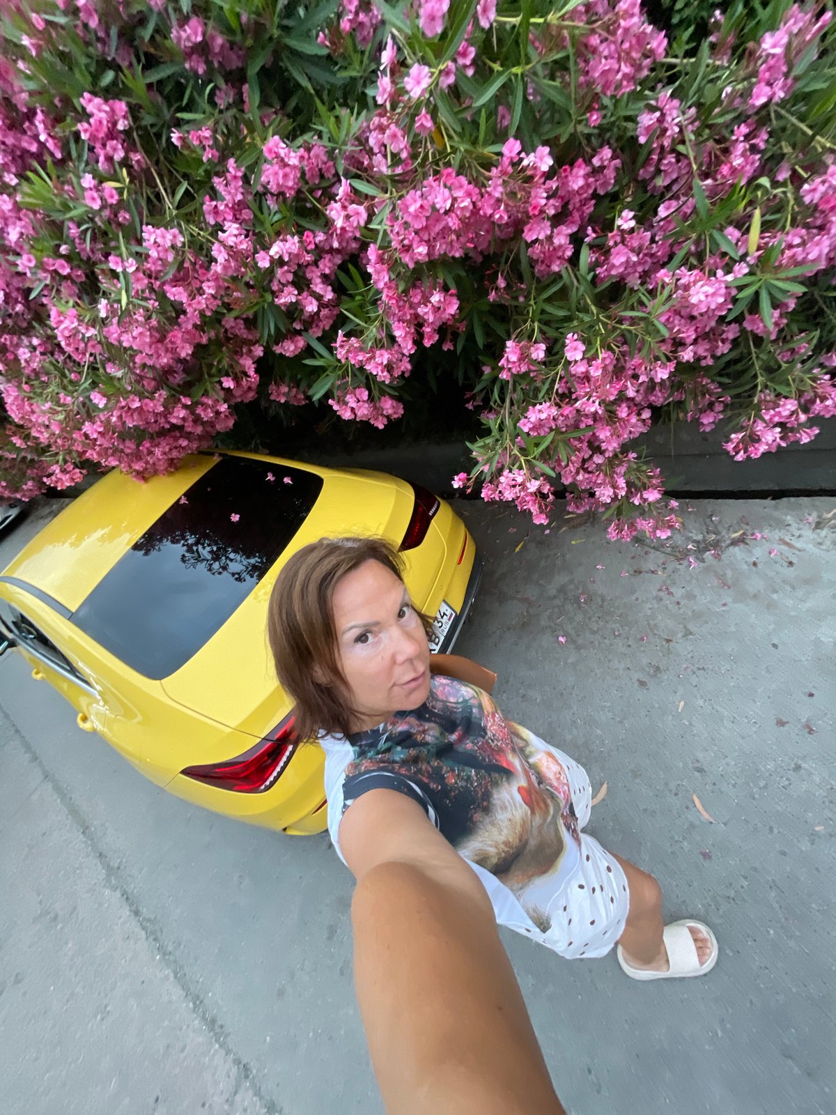 Sochi afternoon: yellow car, pink peonies, and sushi