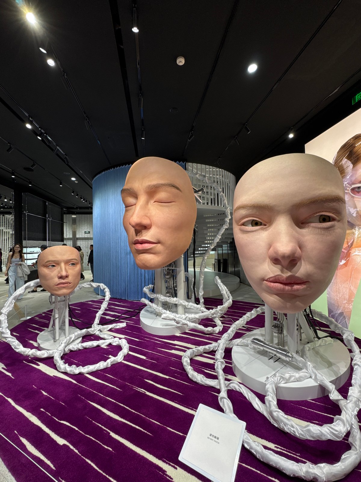 Realistic robot heads displayed in Chengdu art installation
