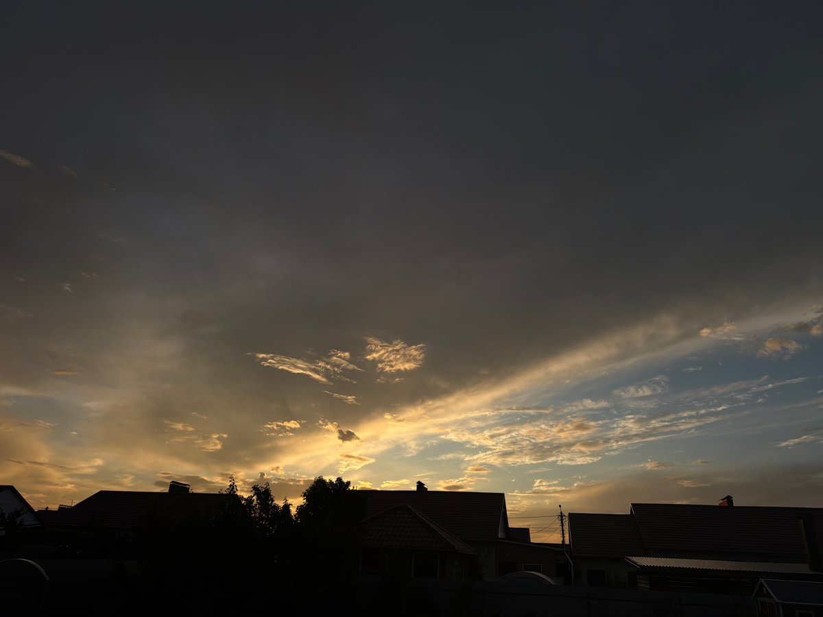 Sunset over Узюково houses with Siberian Husky present