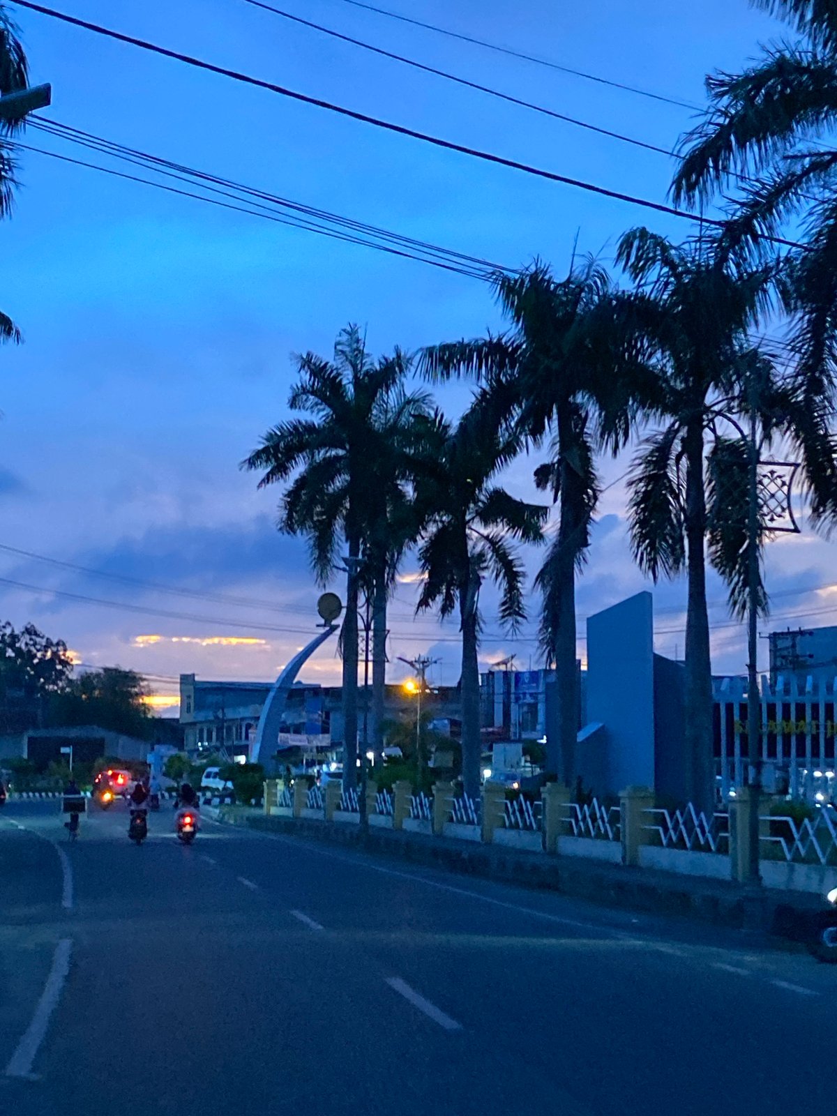 Twilight street scene in Lhokseumawe with palm trees and golden sky