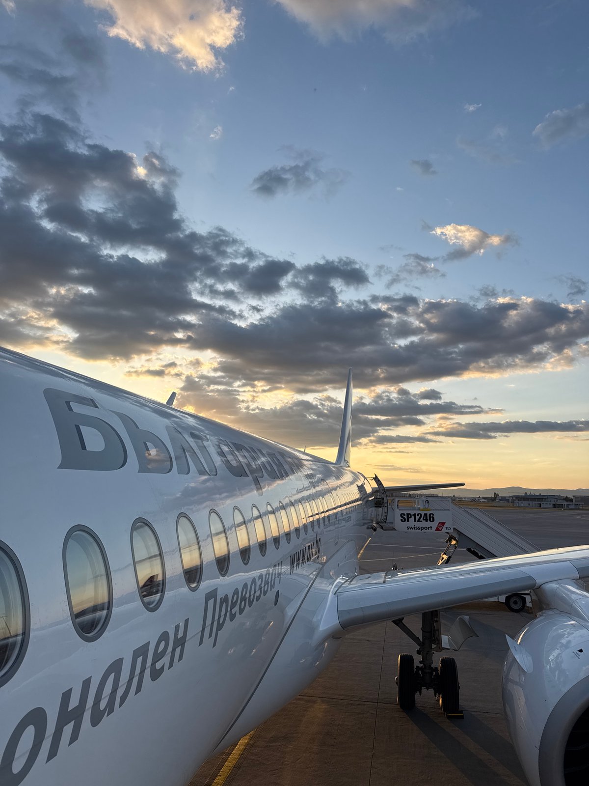 Bulgaria Air departure at Sofia Airport, caught at golden hour