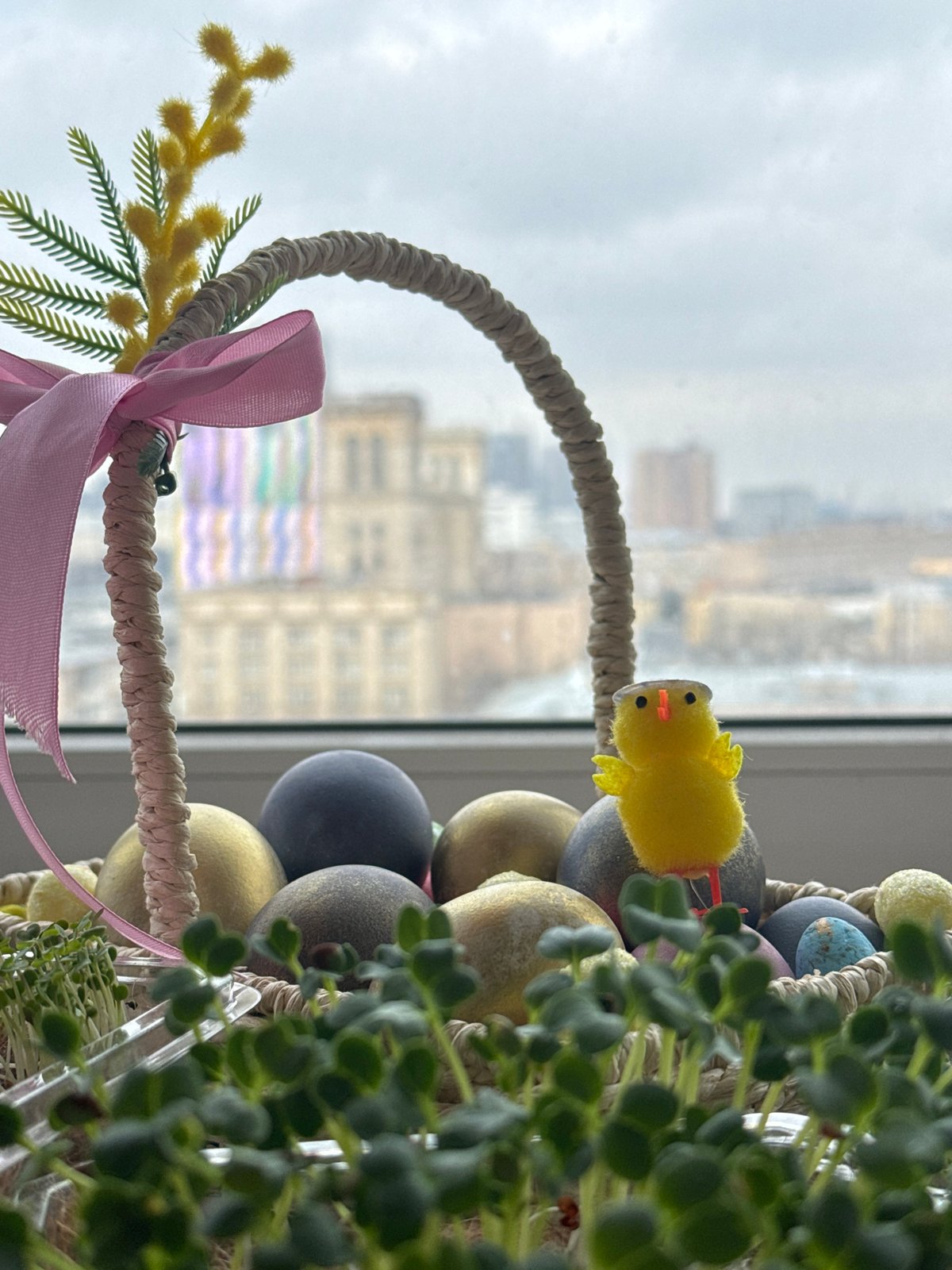 Morning scenes from Khimki: Easter basket, delivery cyclist, parked motorcycle