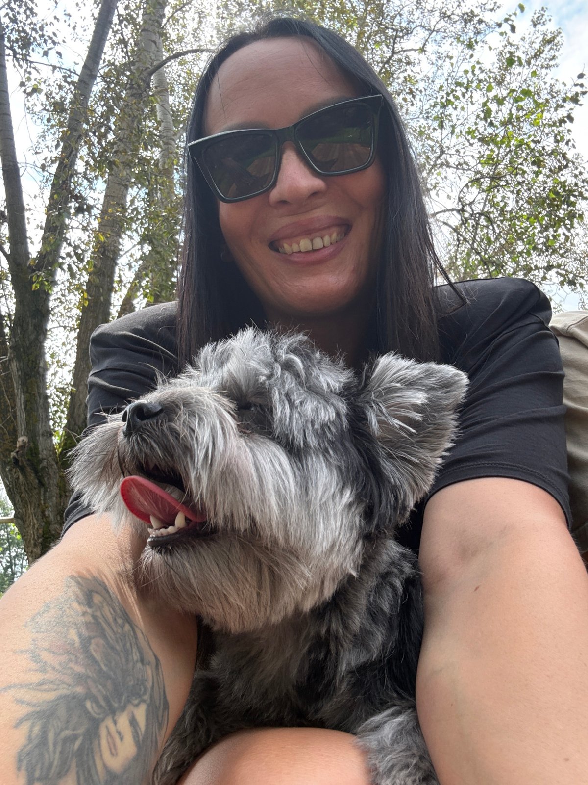 Relaxed summer outing with a fluffy dog and a birthday cake