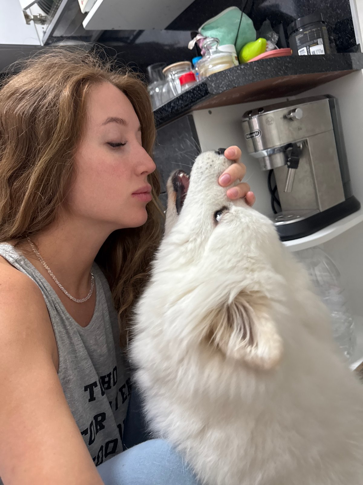 Woman and Samoyed dog share quiet moments indoors
