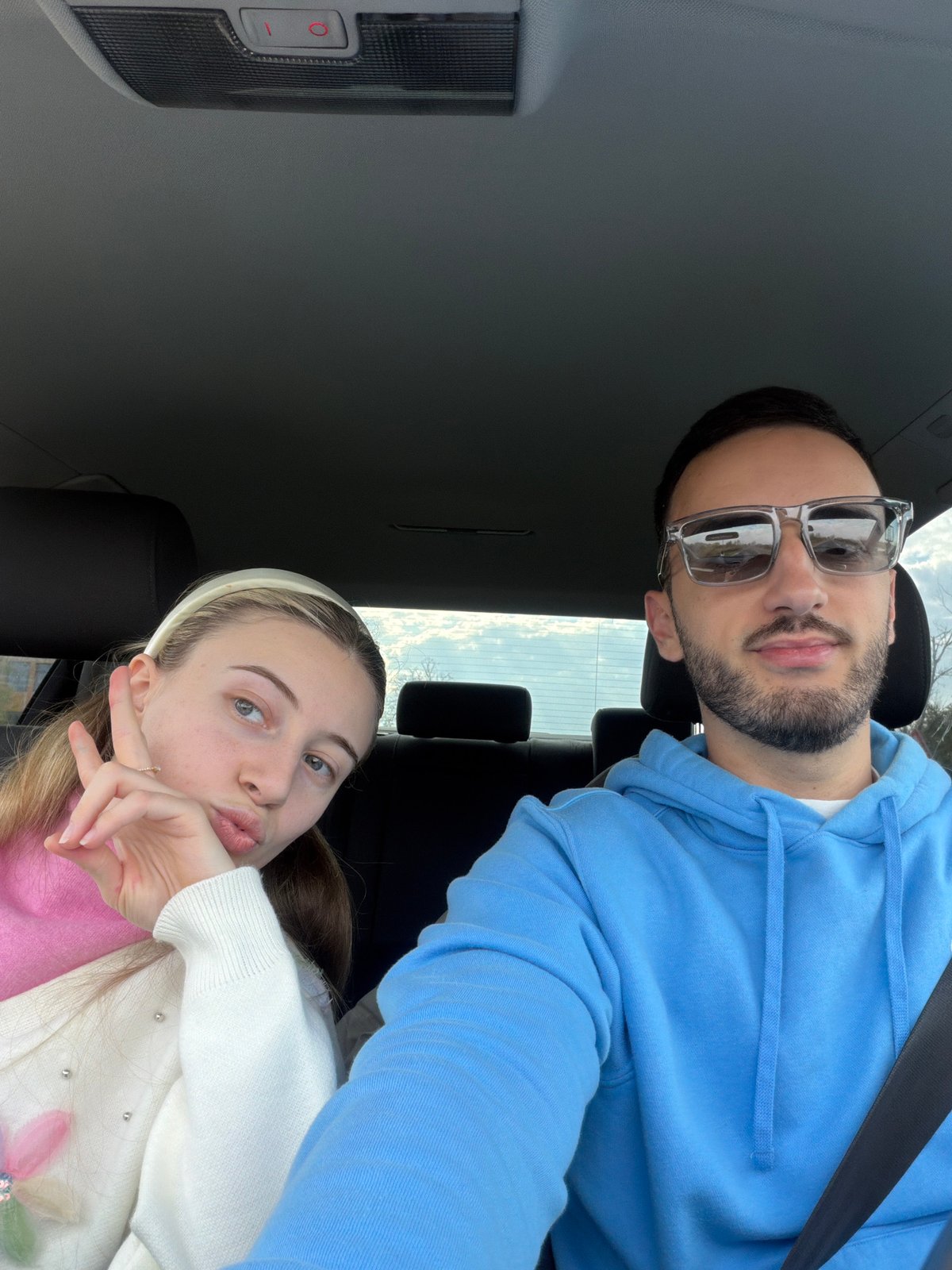 Couple takes selfie in car in Plovdiv, Bulgaria