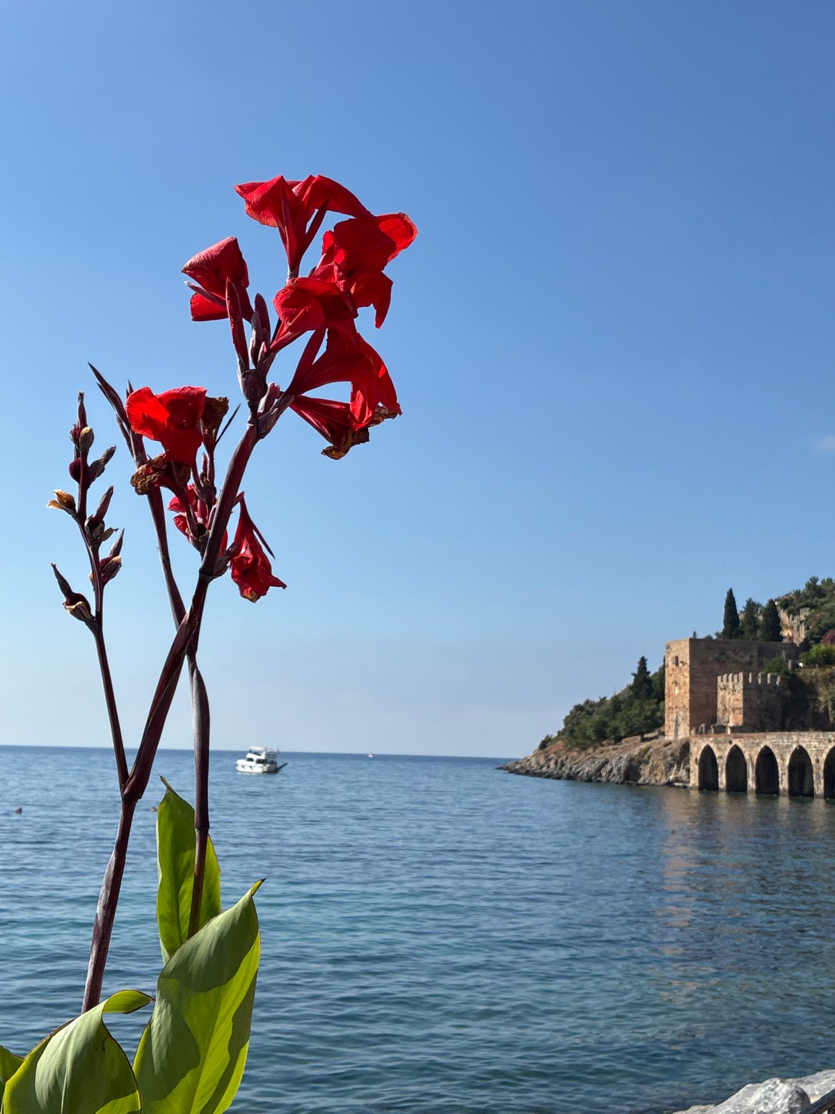 Alanya's Red Tower and Mediterranean coastline on a summer morning