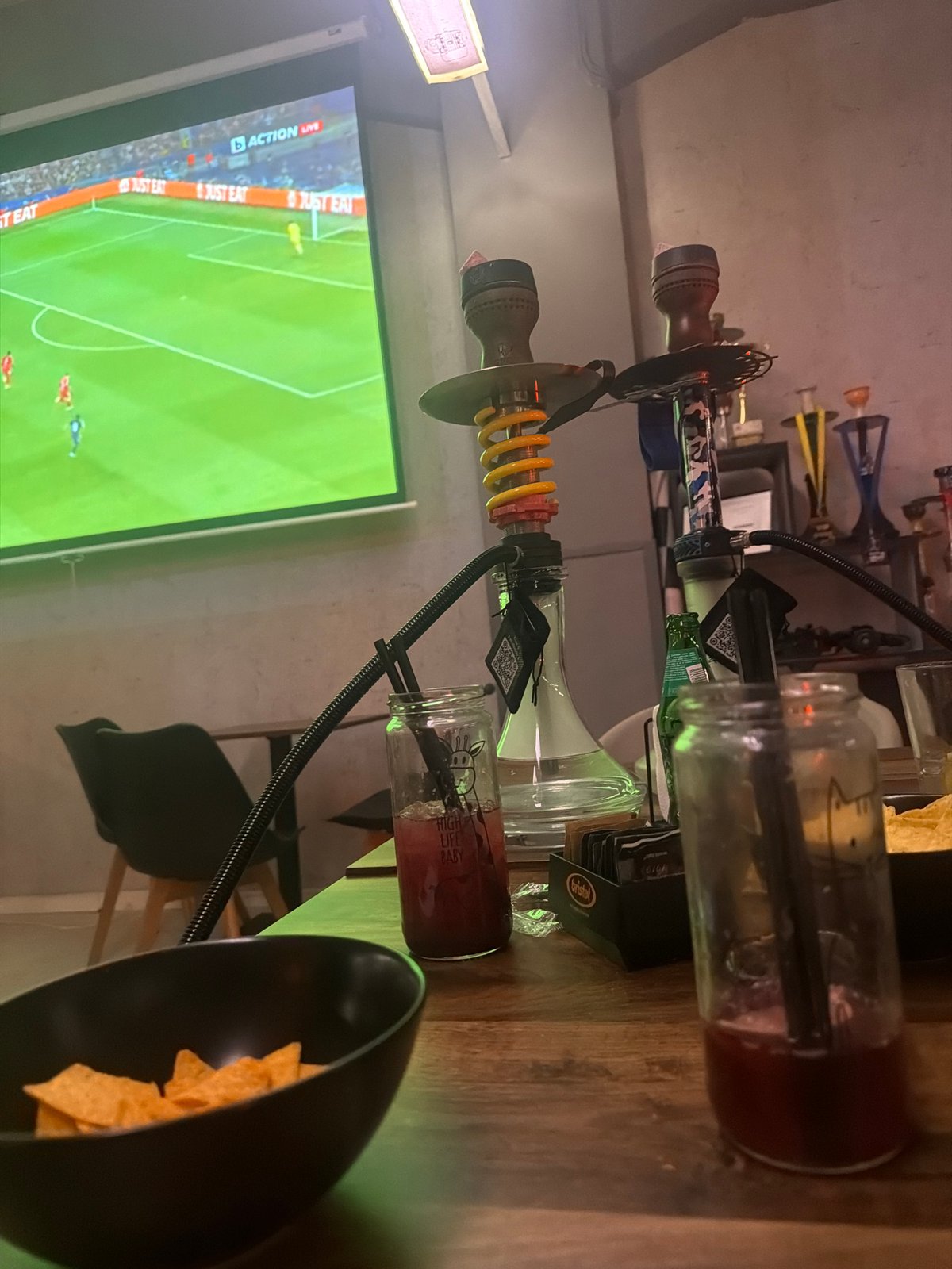 Soccer match viewed at hookah lounge in Plovdiv