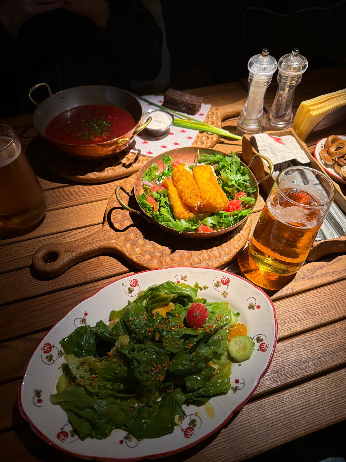 Evening dinner spread at an outdoor restaurant in Nizhny Novgorod