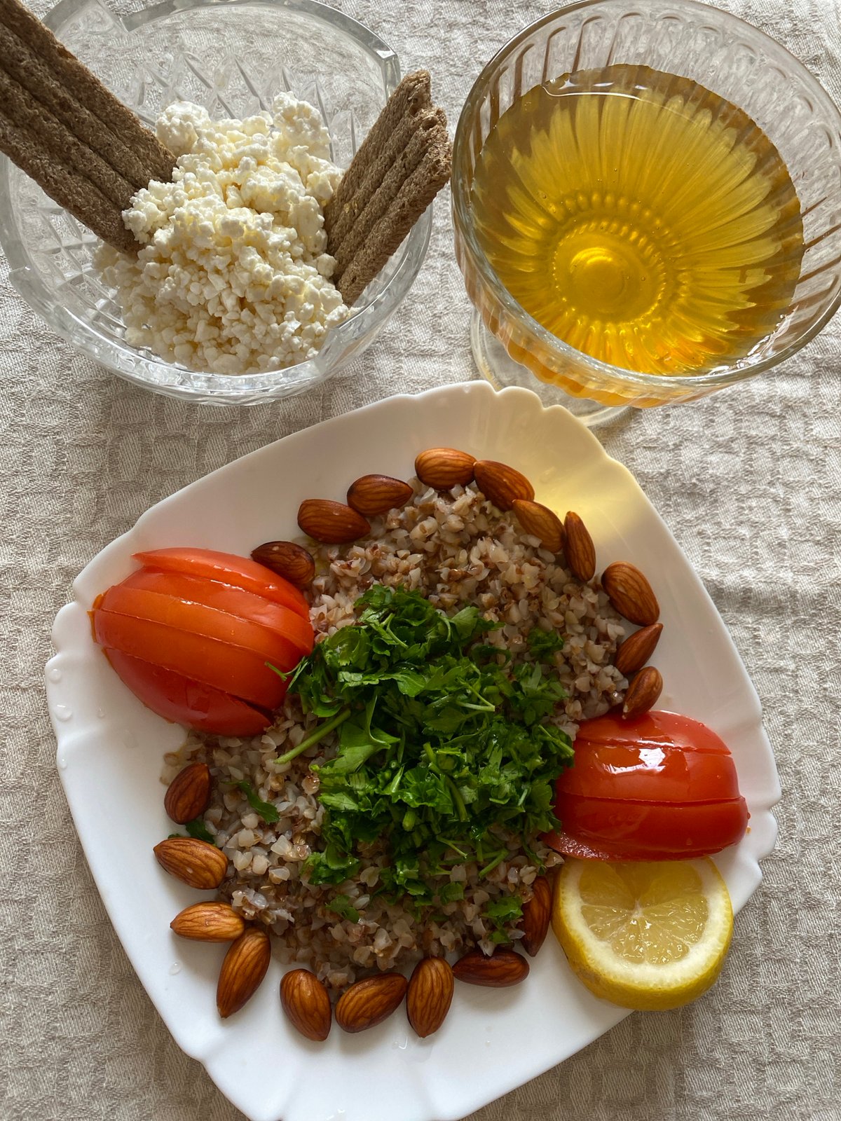 Buckwheat and cottage cheese breakfast spread in Lida, Belarus