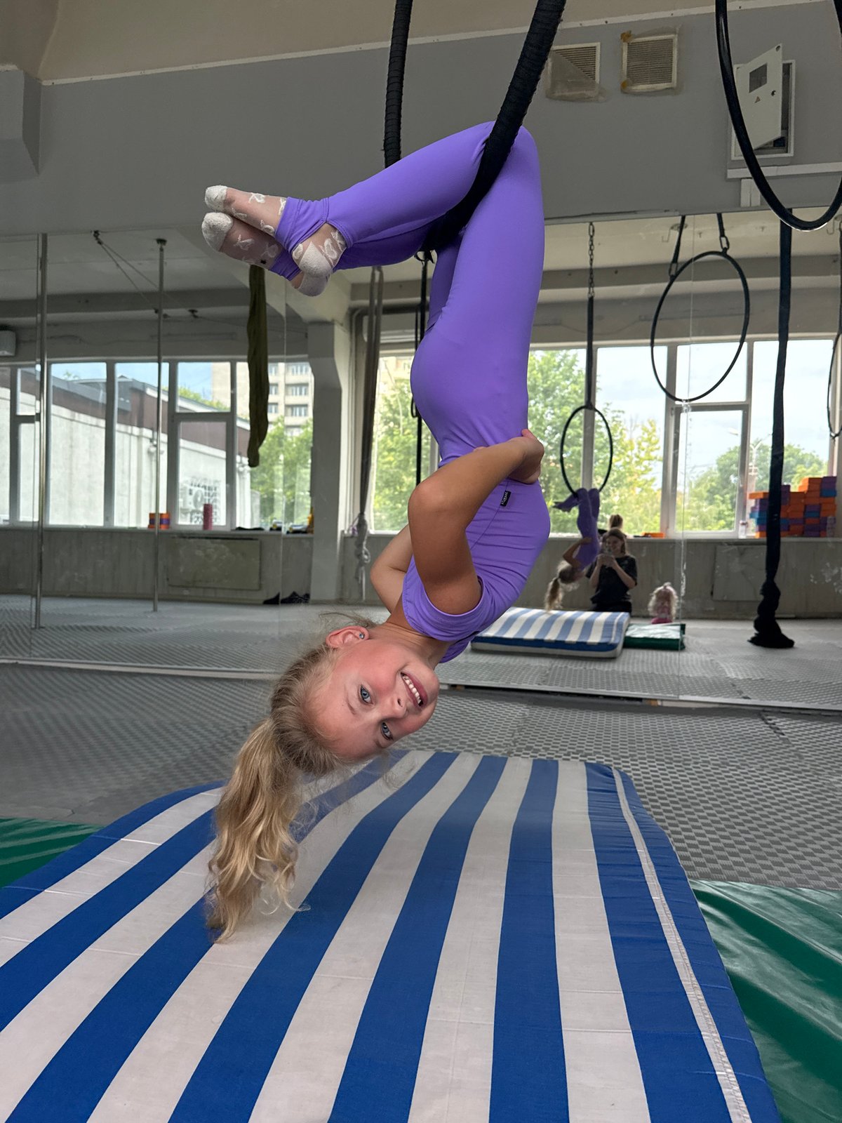 Aerial acrobatics training session at a Dnipro studio