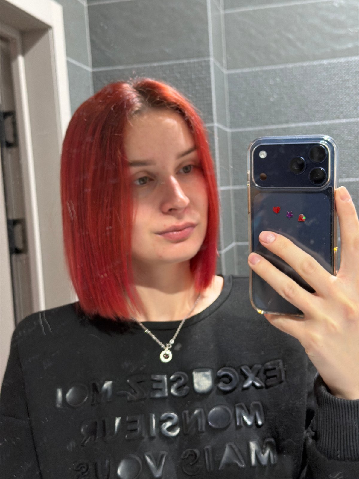 Person takes bathroom selfie with decorated phone in Chaikovsky