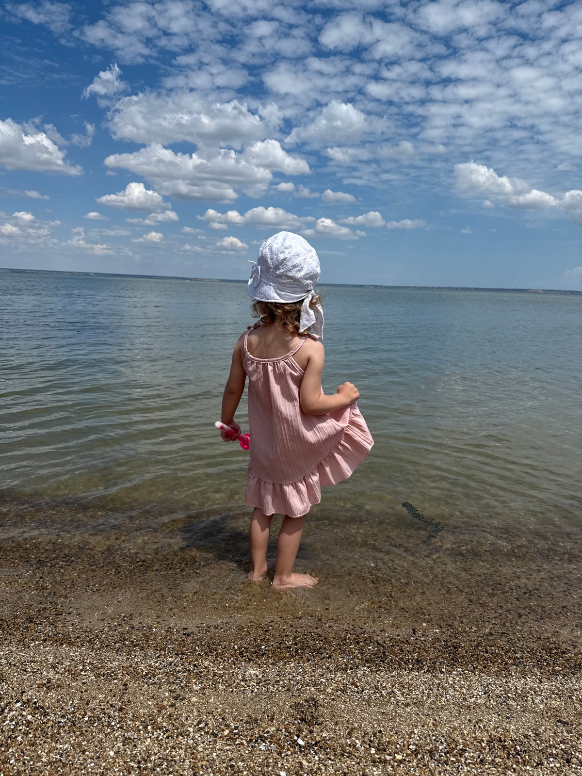 Small child at water's edge, pink dress and toy in hand