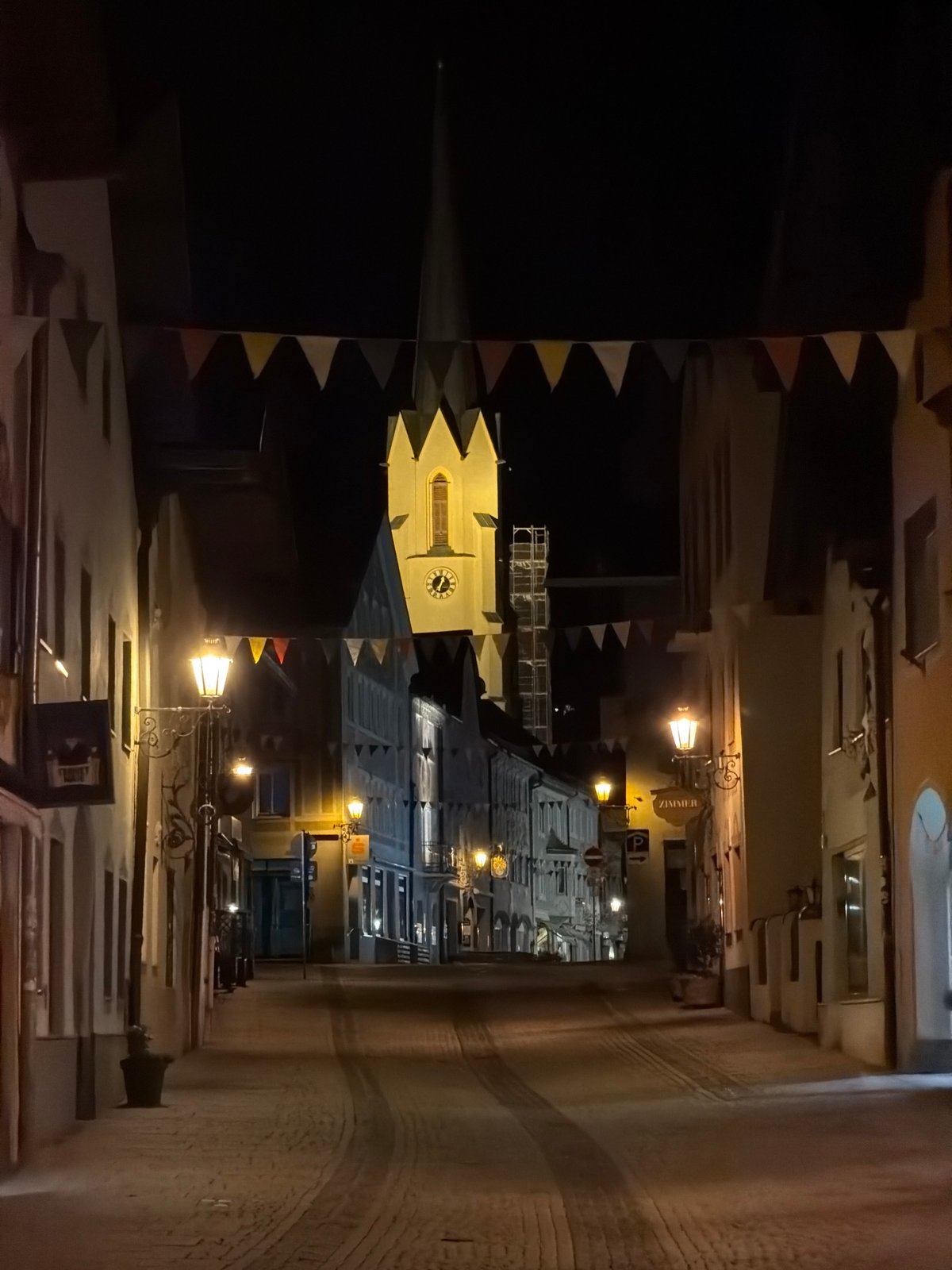 Quiet summer night along Garmisch-Partenkirchen streets and the Partnach River