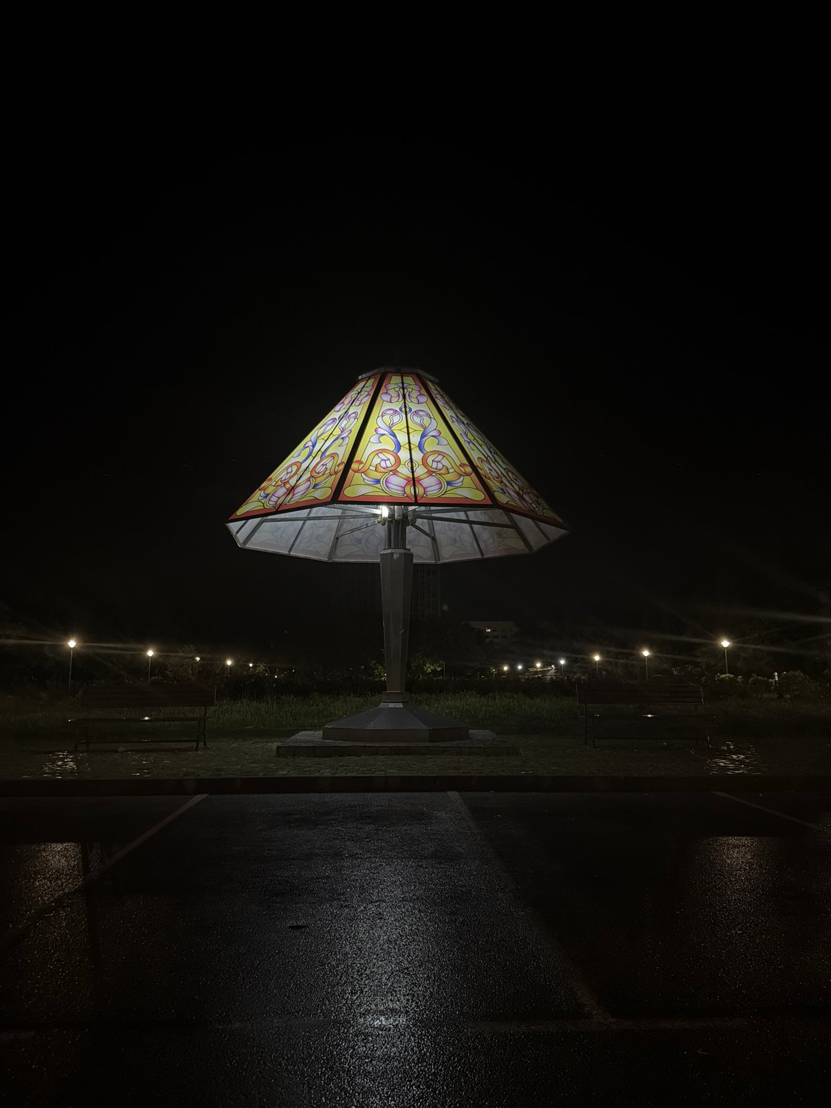 Ornate street lamp illuminates wet Dimitrovgrad streets after rainfall