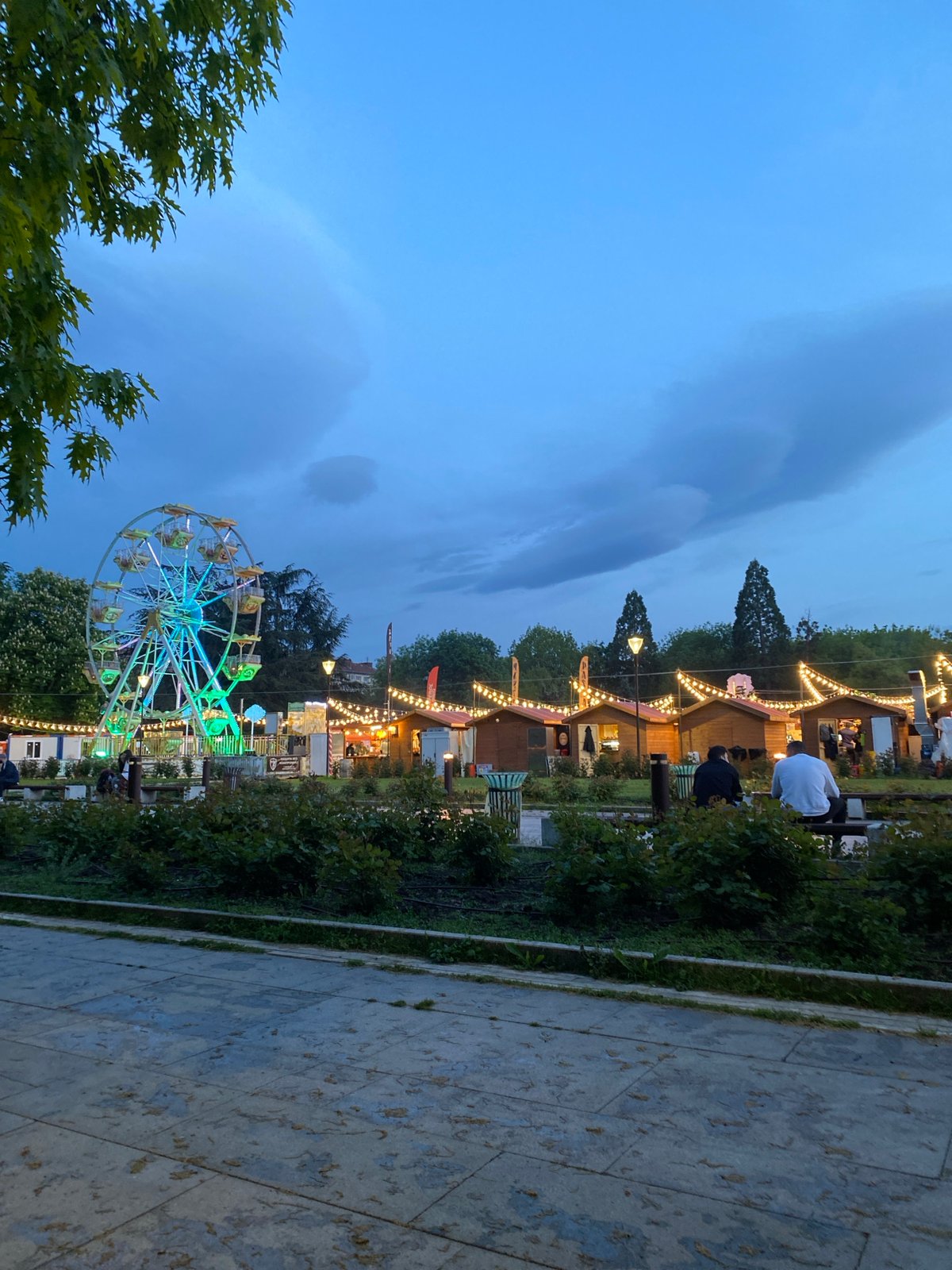 Illuminated Ferris wheel operates under evening sky in Sofia
