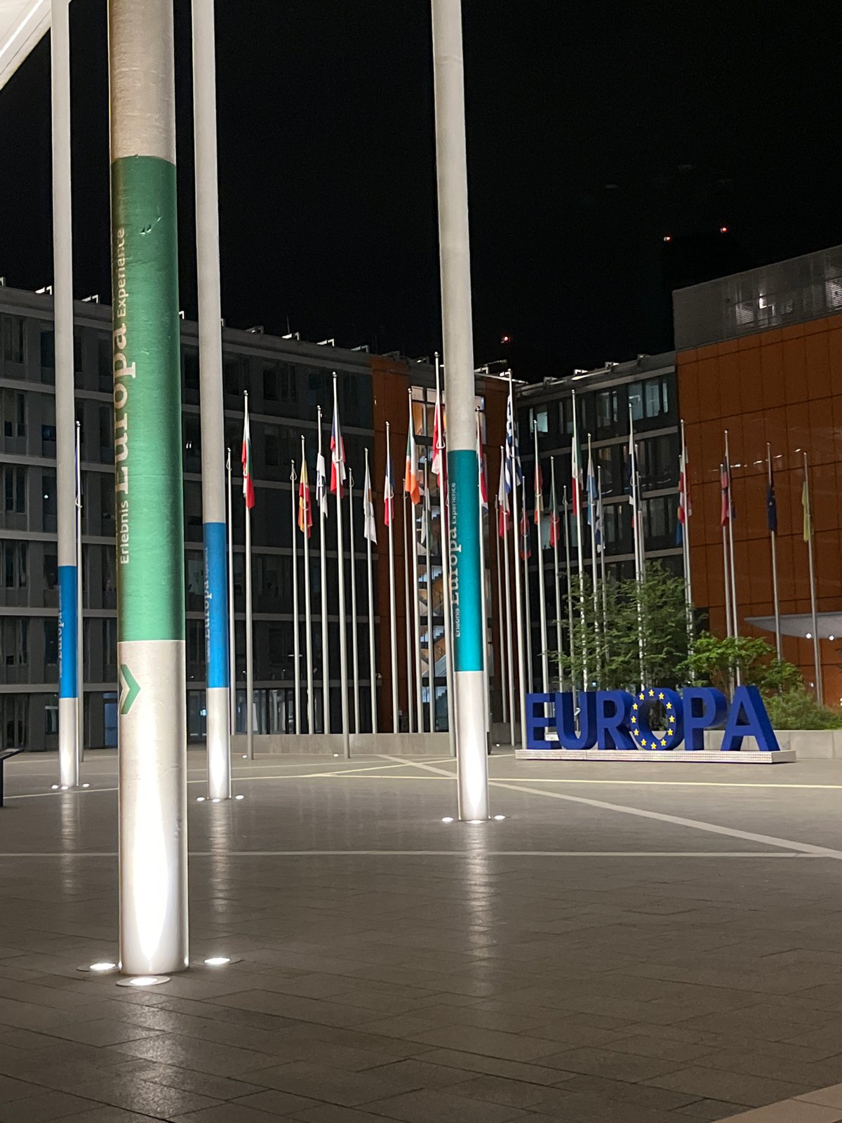 Person sits on poles at Luxembourg's Europa Experience