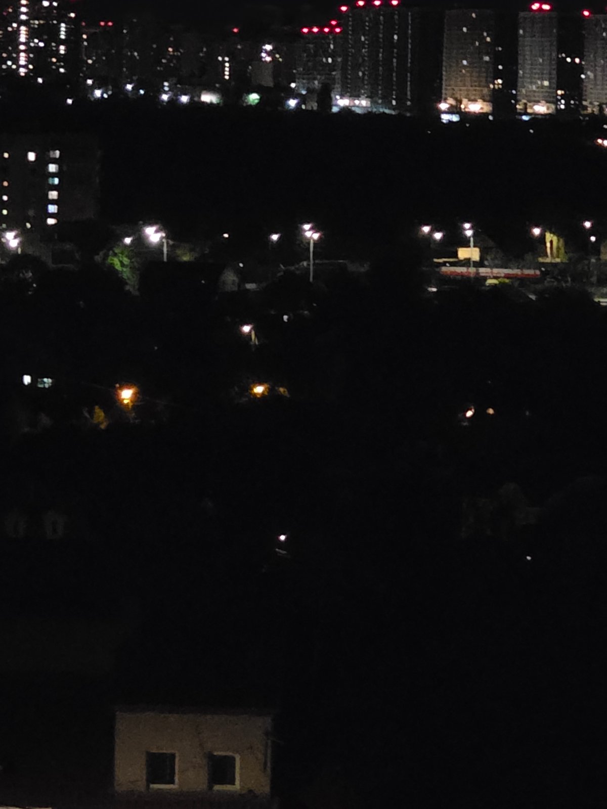 Nighttime city views from above, with a cat on the street below
