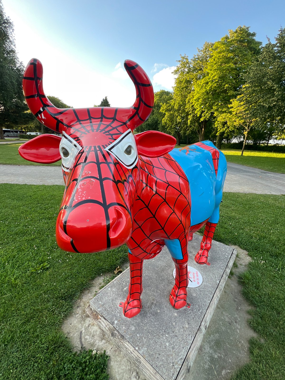 Spider-Man painted cow sculpture spotted in Beauvoir park