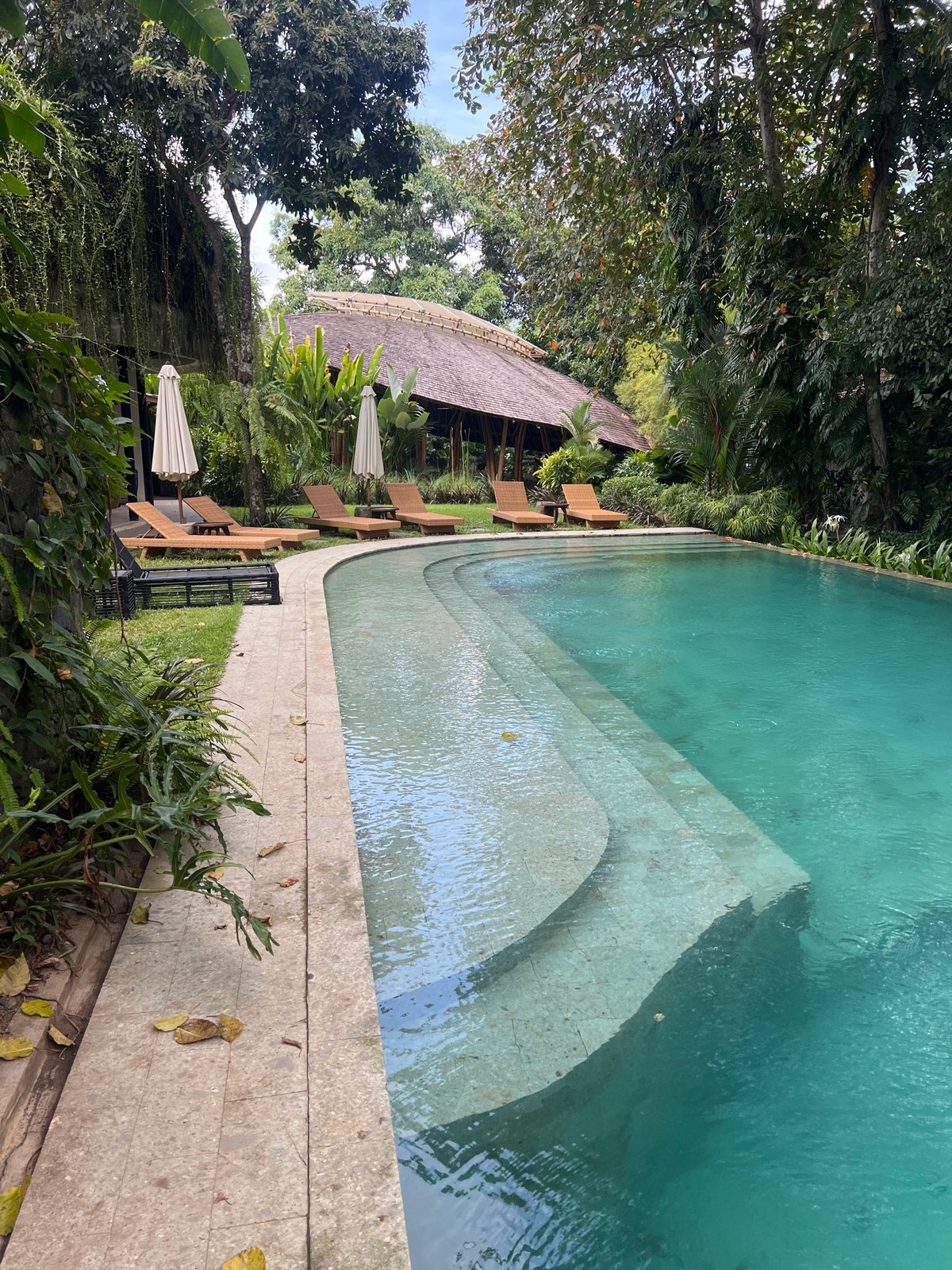 Evening scenes documented at Kerobokan residence with pool, tropical plants