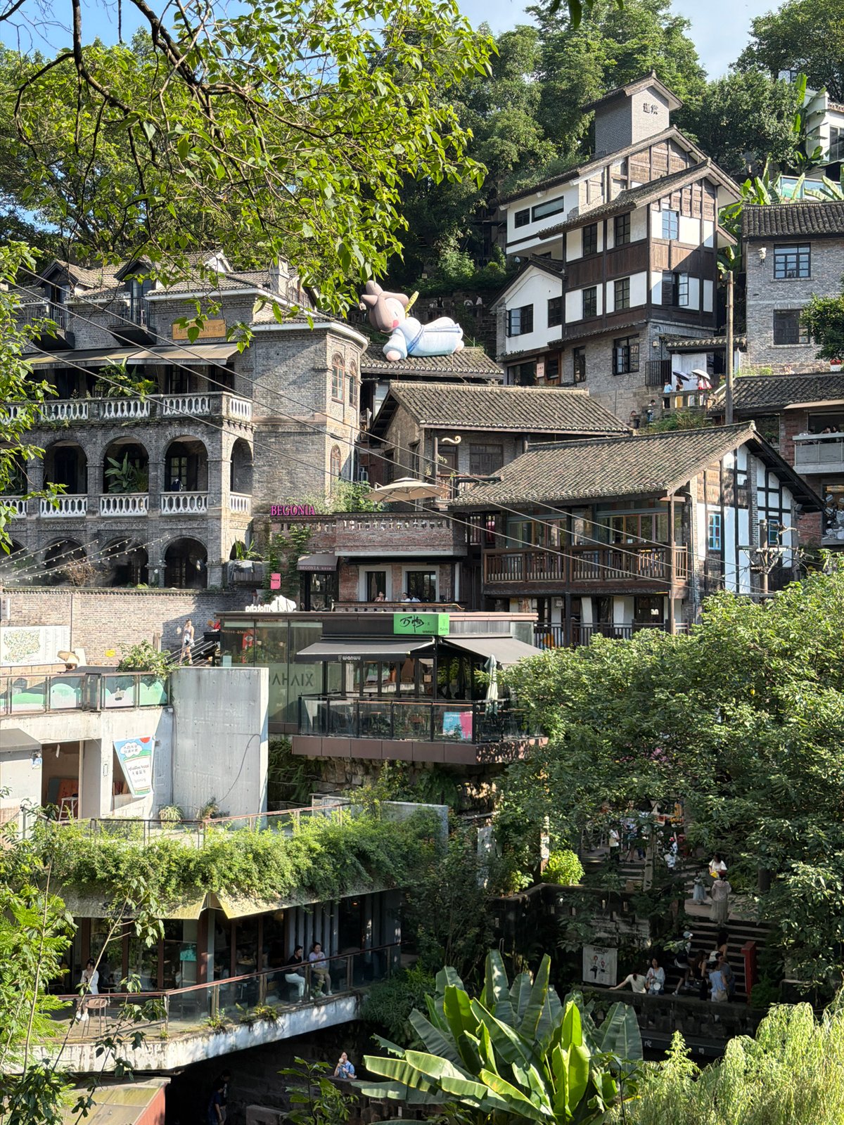 Morning around Hongyadong's hillside architecture and riverside waterfall