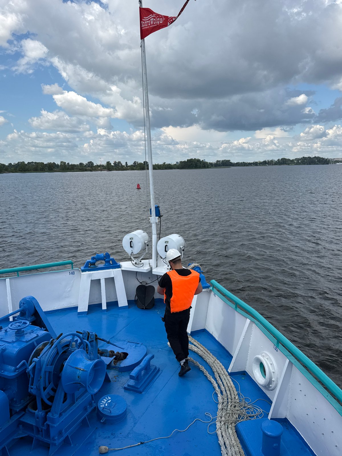 River cruise passes Kazan port on a summer afternoon