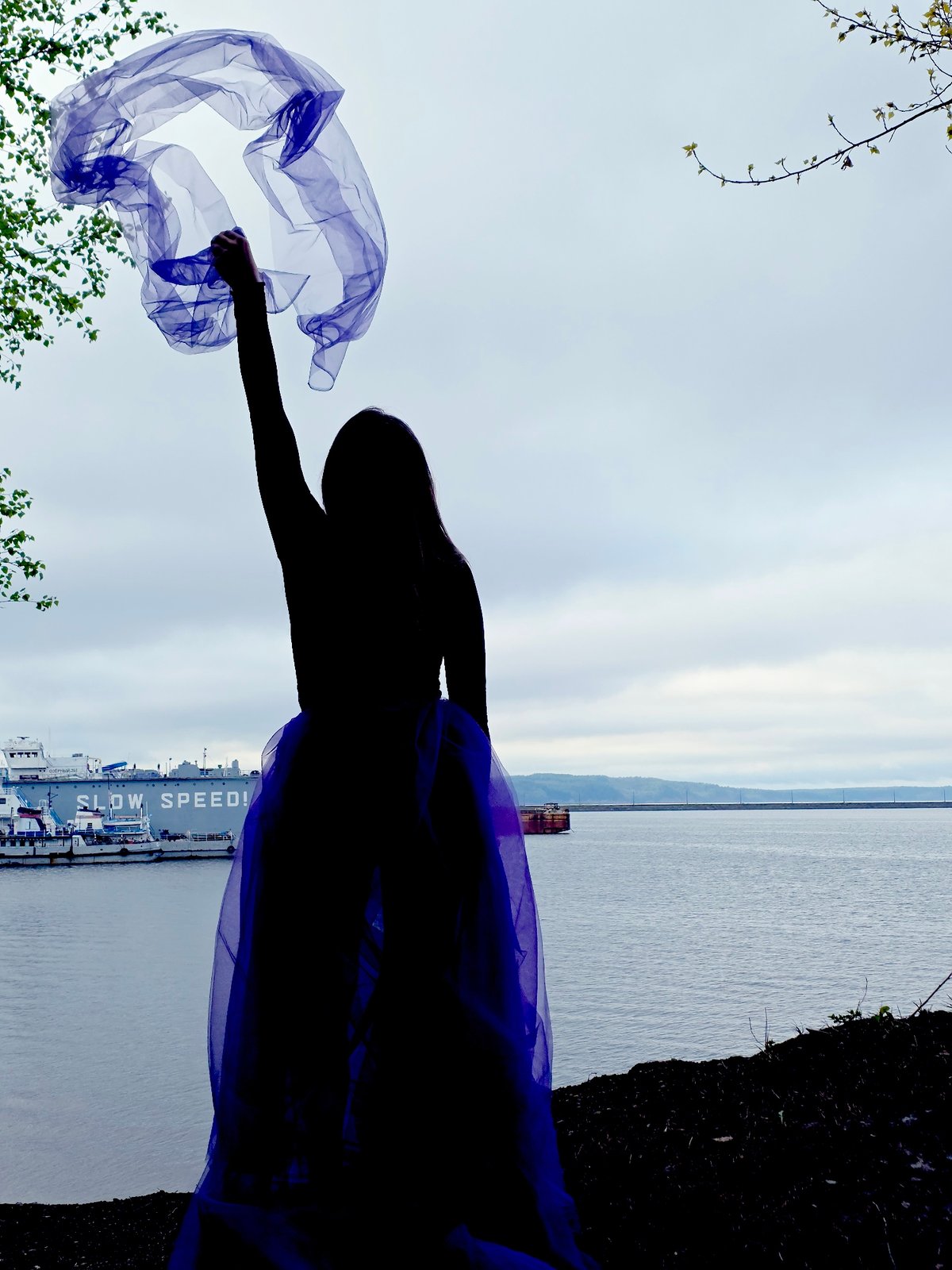 Figure holds fabric on Chaikovsky coastline with ship nearby