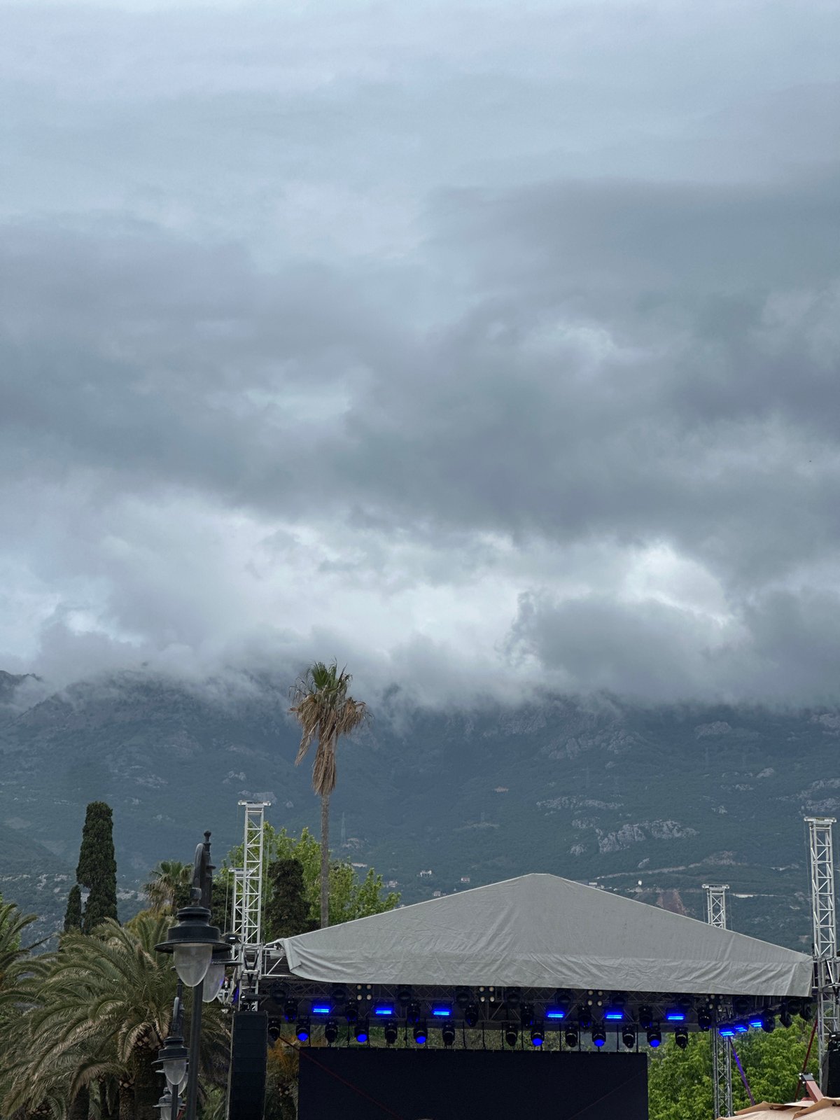 Event stage erected in Budva, Montenegro under cloudy skies