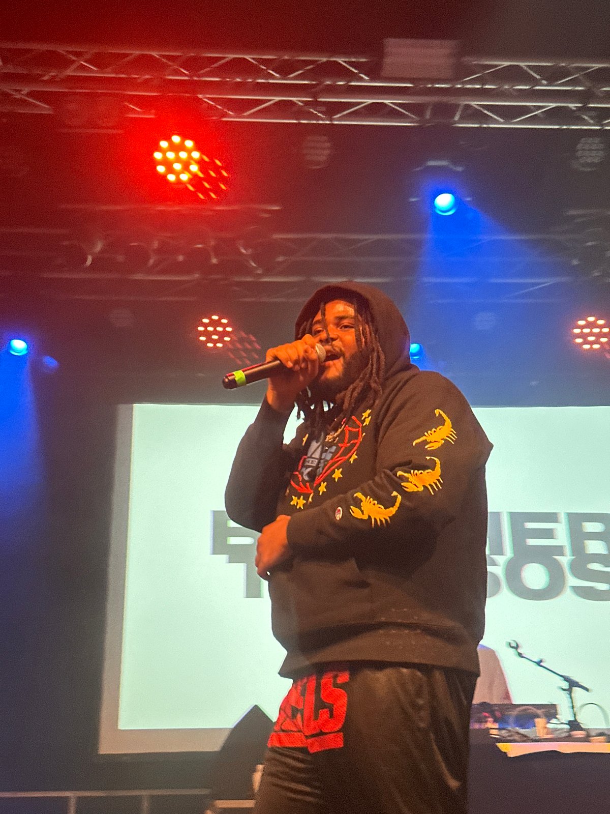 Rap performance captured on stage in Cologne, Germany