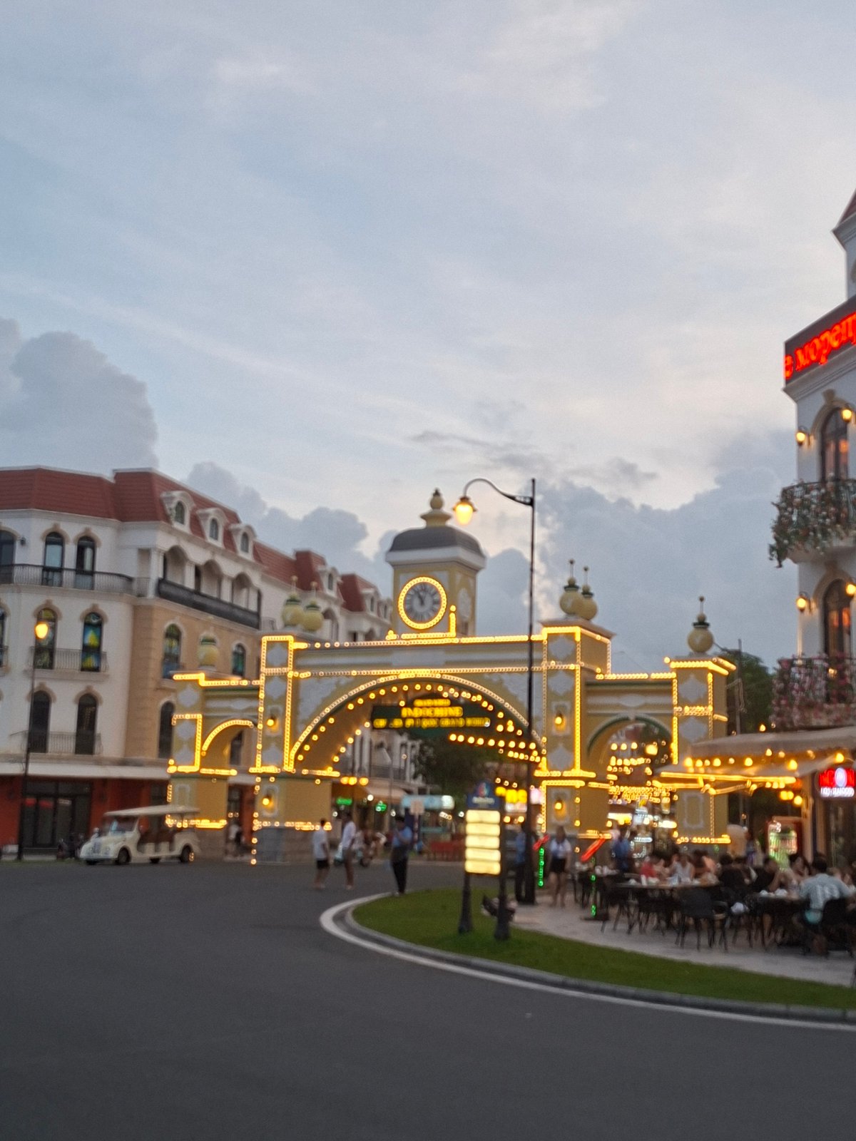 Phú Quốc's lit-up waterfront district at dusk