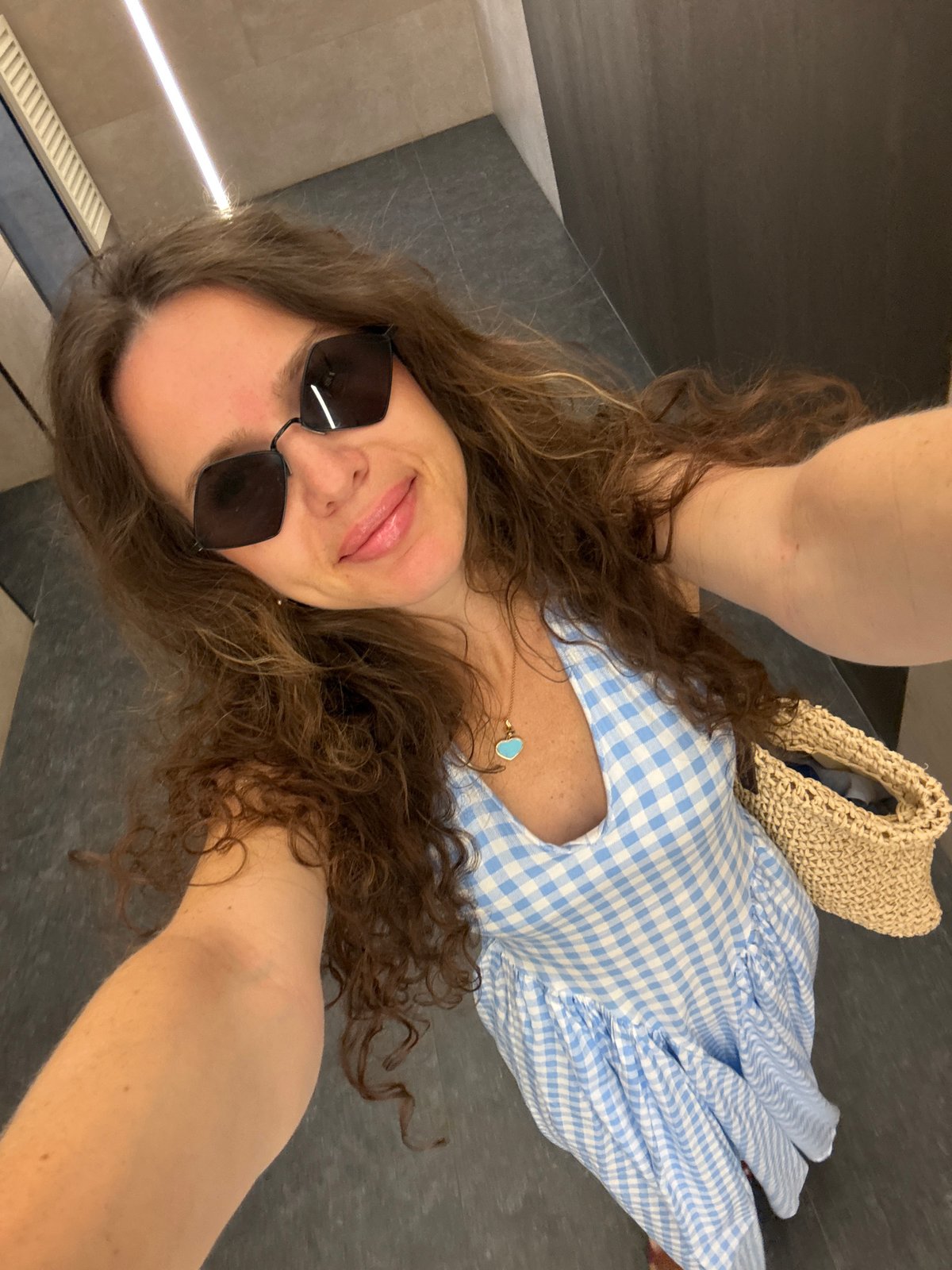Selfie in Dolgoprudny, gingham dress and hexagonal shades