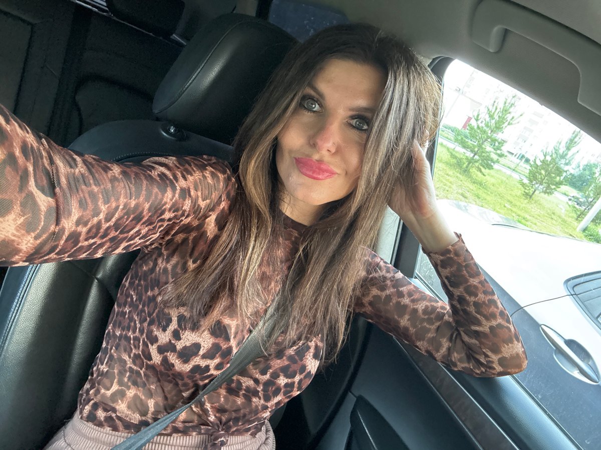Car selfie session in Chaikovsky, leopard print top, multiple angles