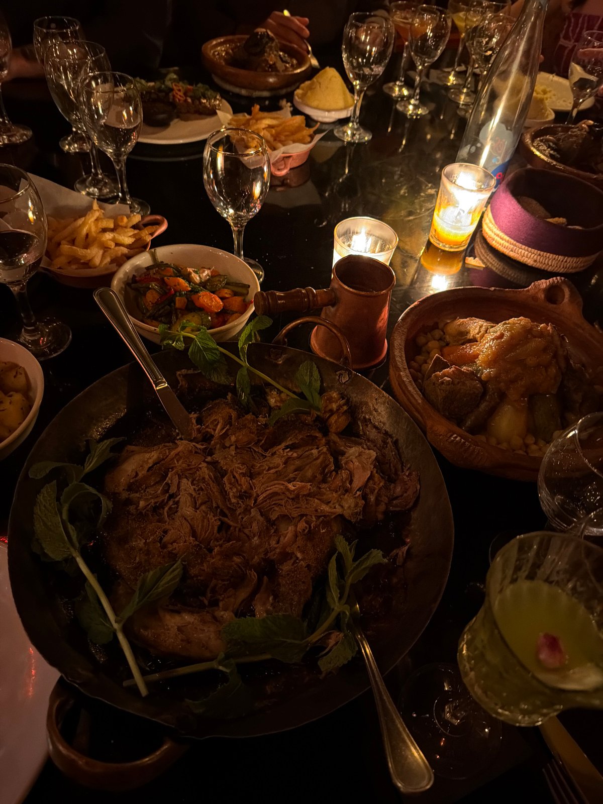 Evening dining scene captured at traditional Marrakesh restaurant