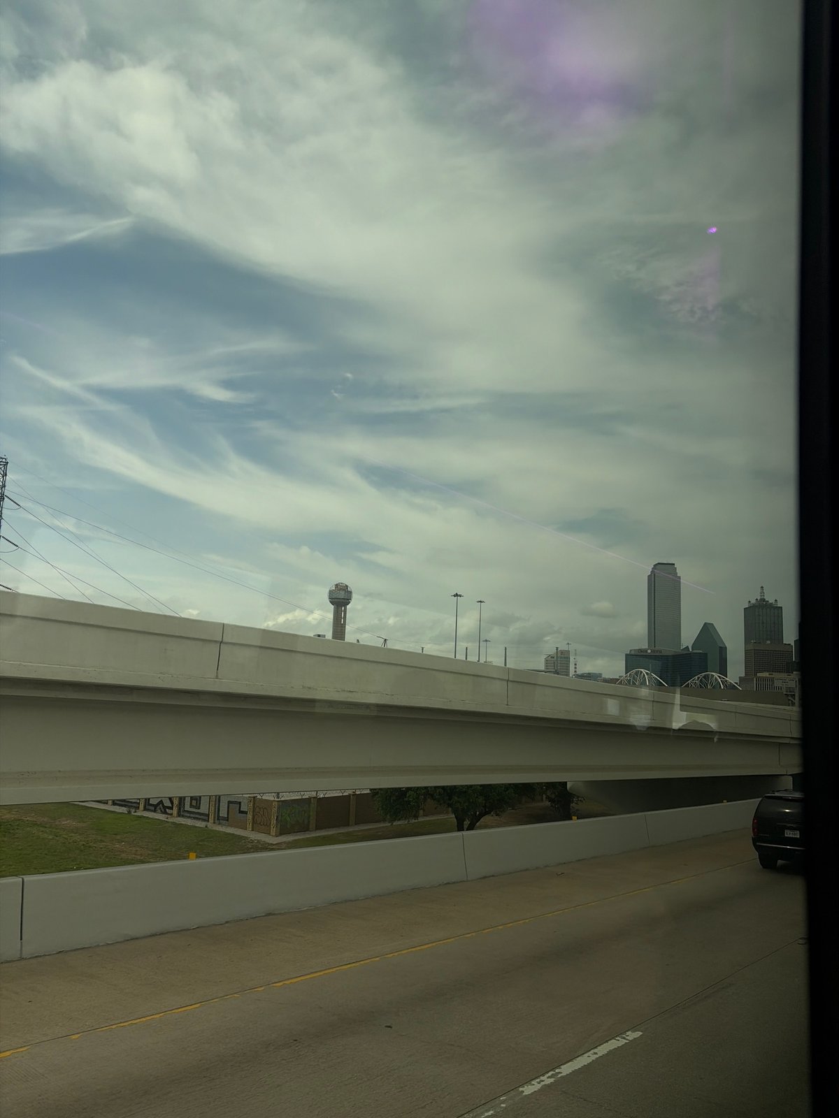 Dallas skyline viewed from highway overpass Friday evening