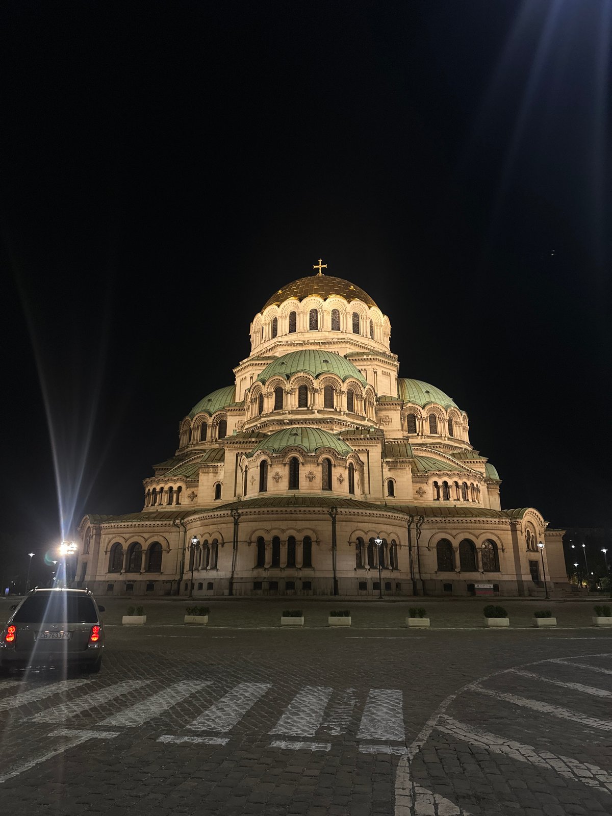 Cathedral illuminated against night sky in Sofia, Bulgaria