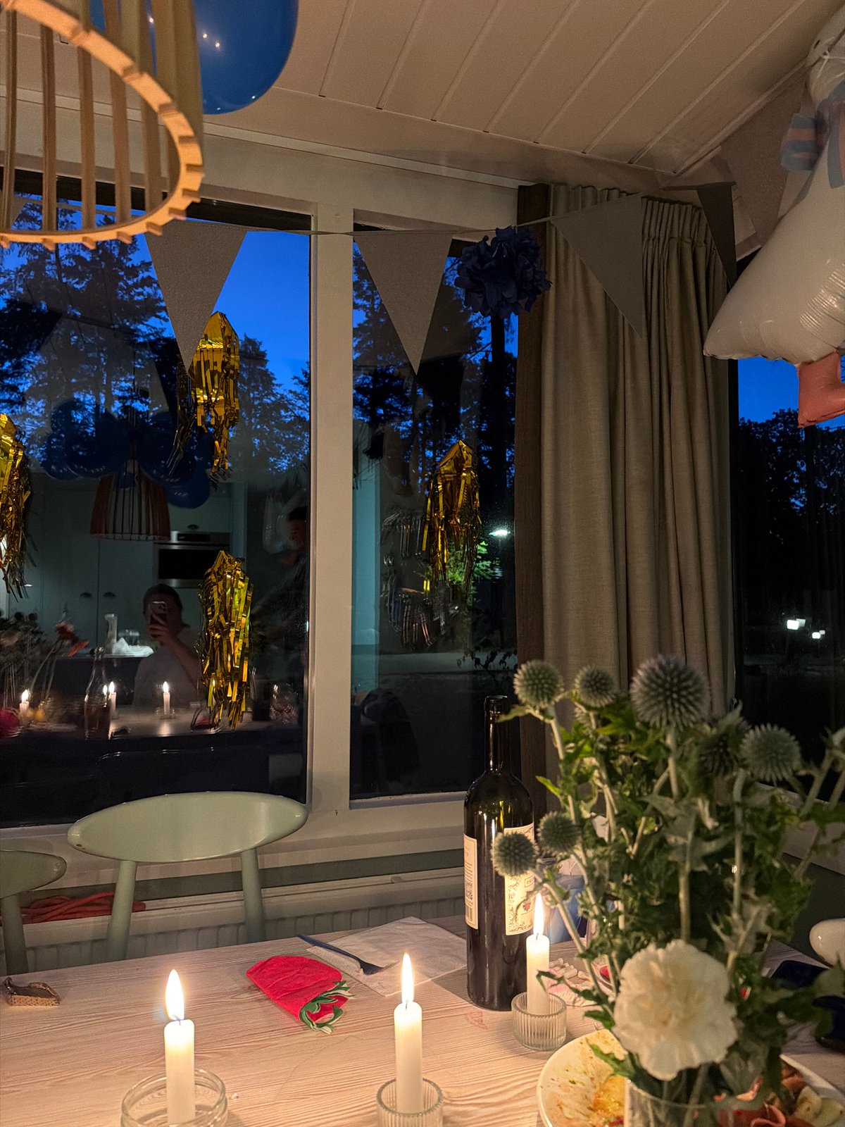 Birthday dinner with chocolate cake and candles in Heijen