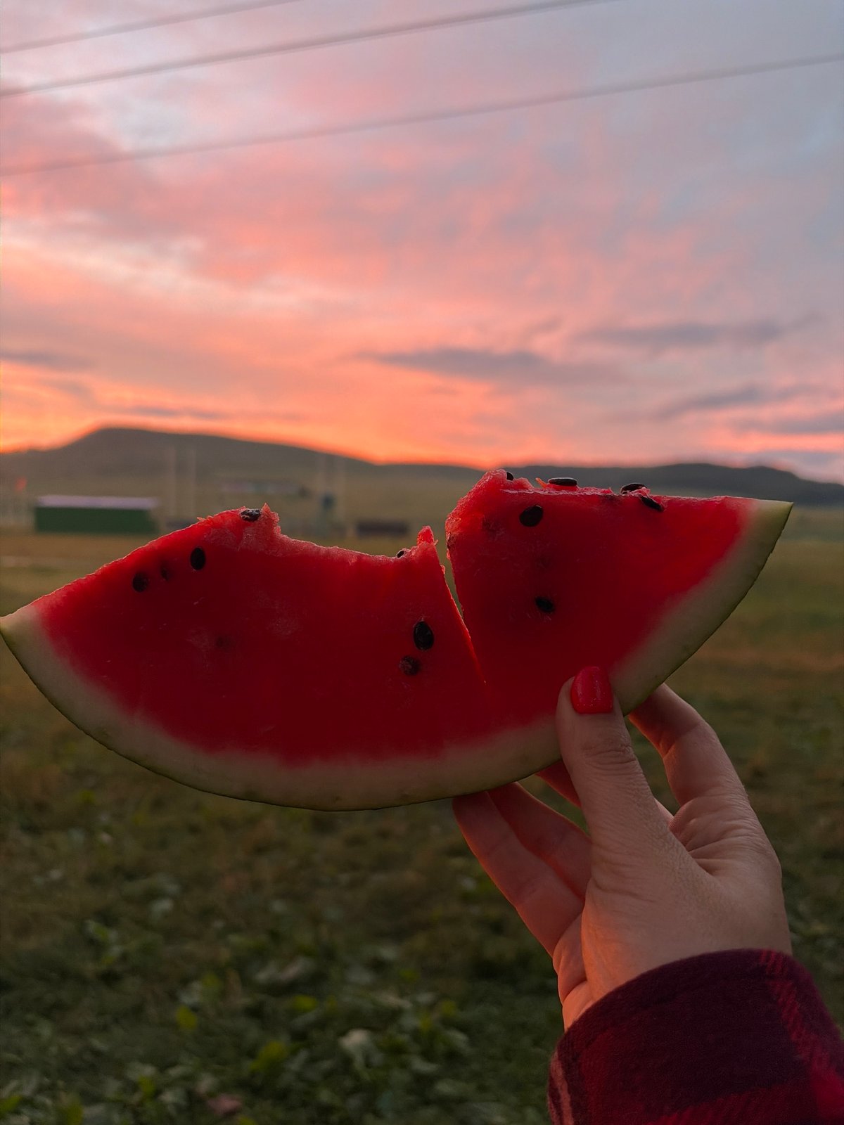Campfire and watermelon at dusk in rural Bashkortostan